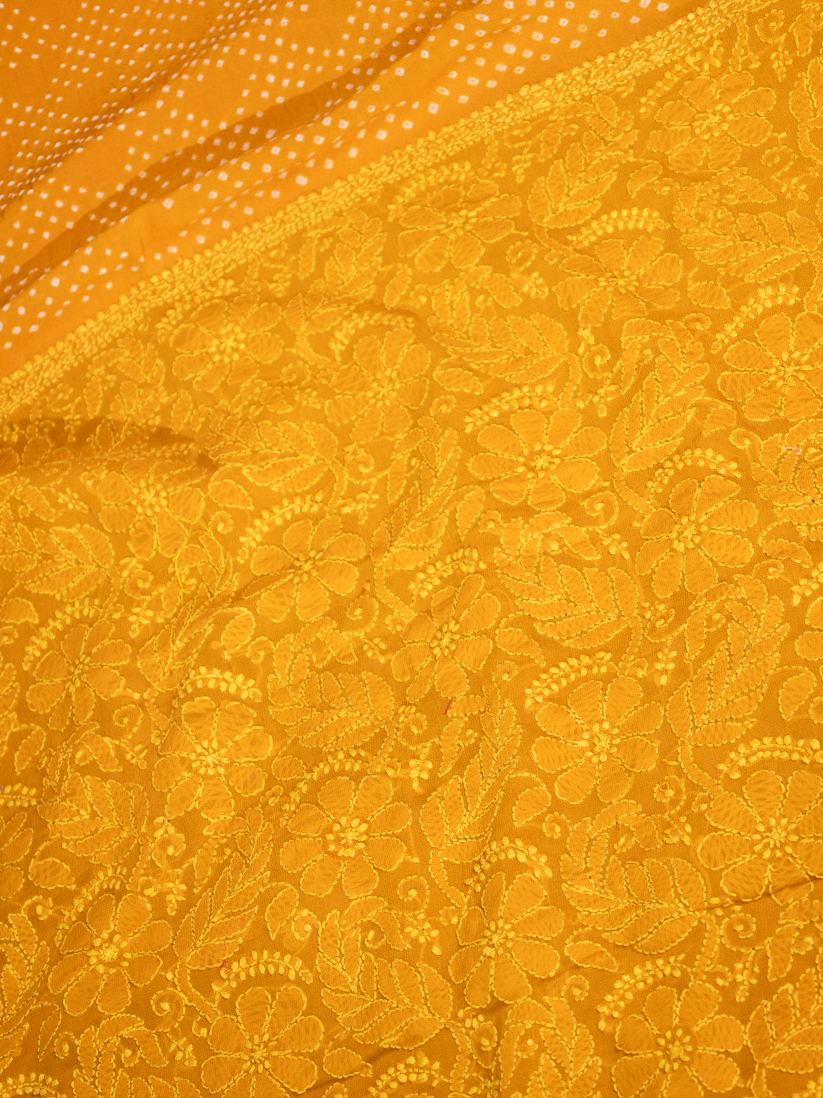 Mustard Yellow Georgette Silk Saree With Bandhej