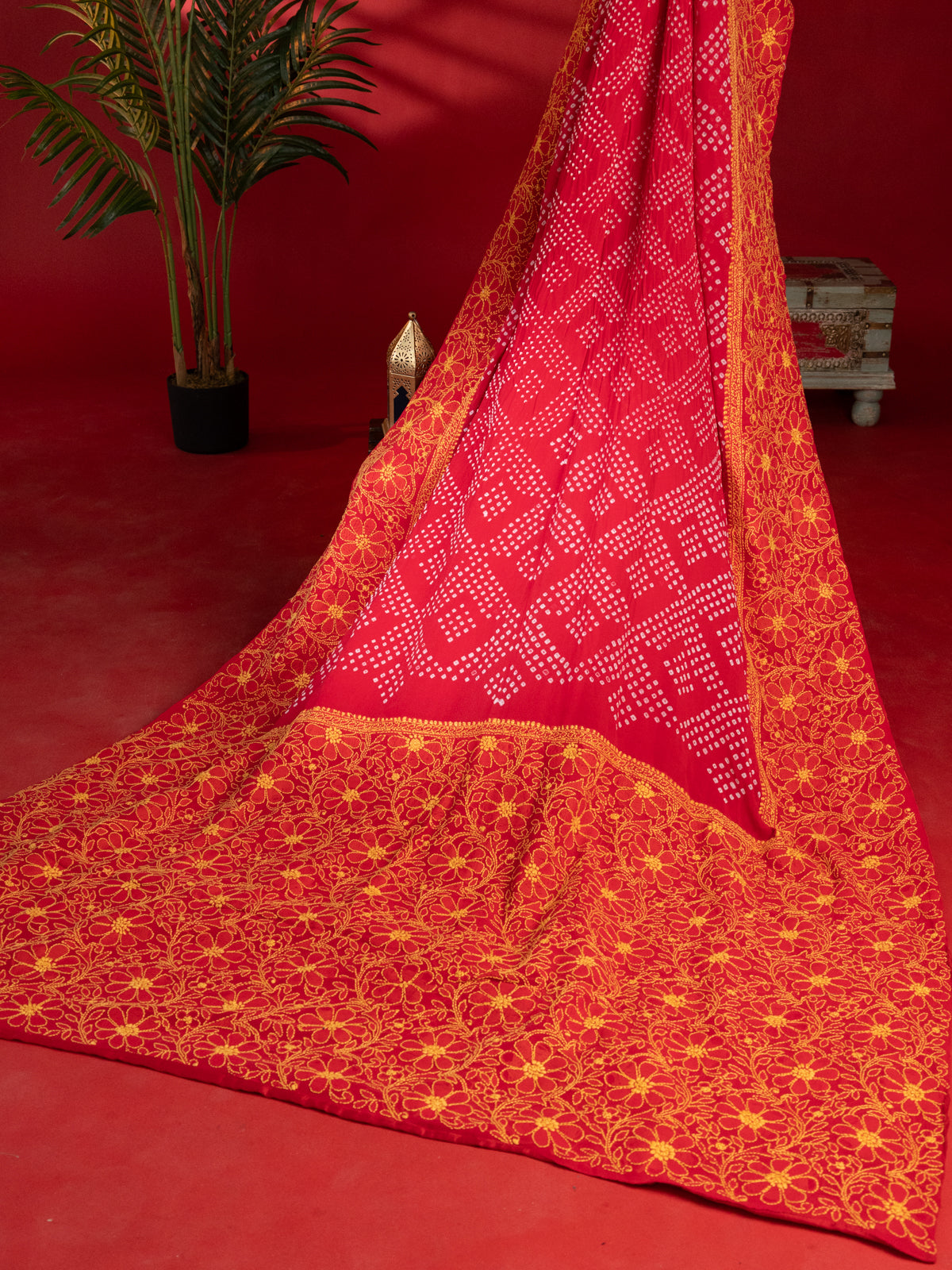 Tomato Red Georgette Saree With Bandhej