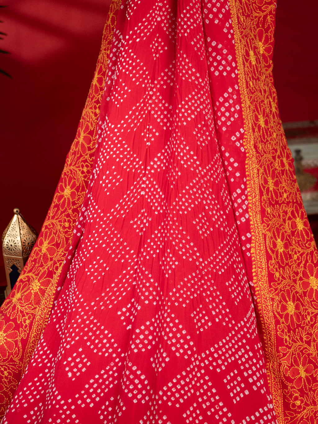 Tomato Red Georgette Saree With Bandhej
