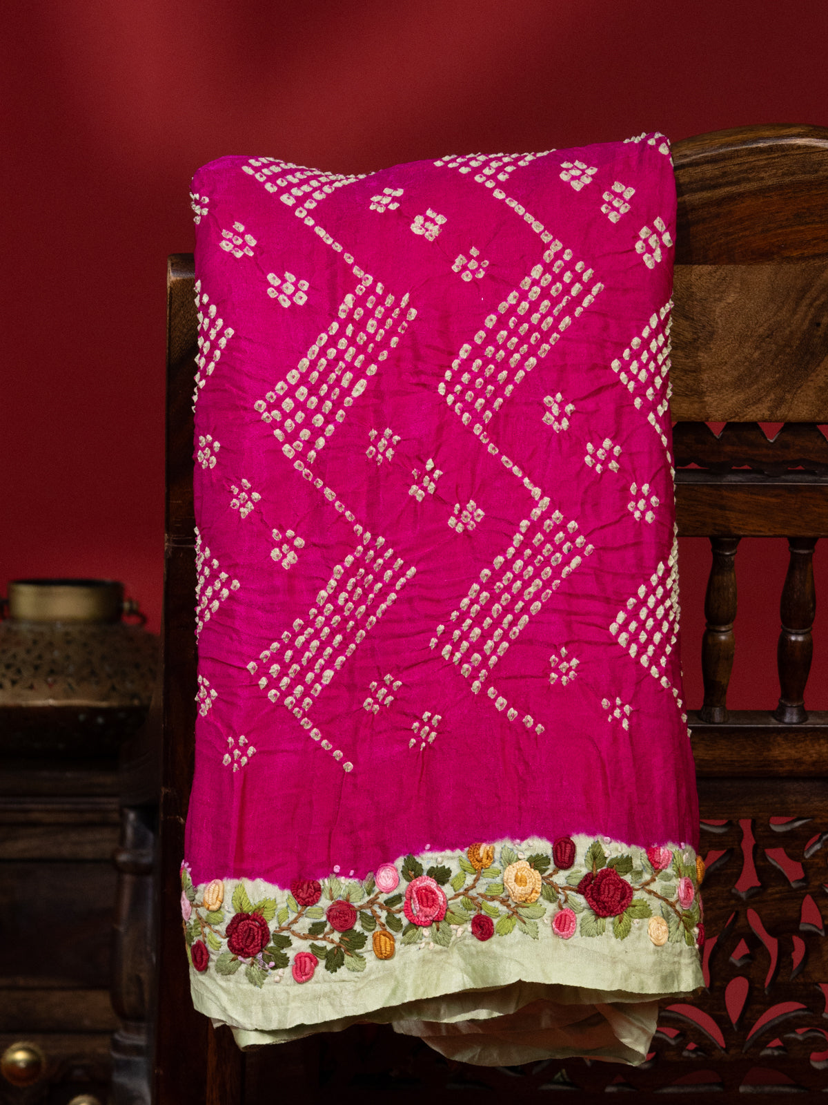 Pink & Pista Green Gajji Silk With Bandhej And Kutch Embroidery