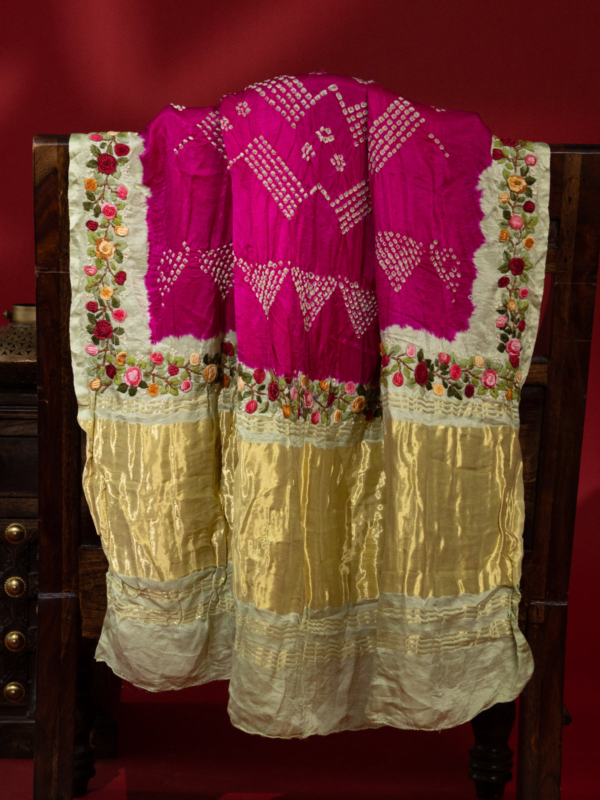 Pink & Pista Green Gajji Silk With Bandhej And Kutch Embroidery