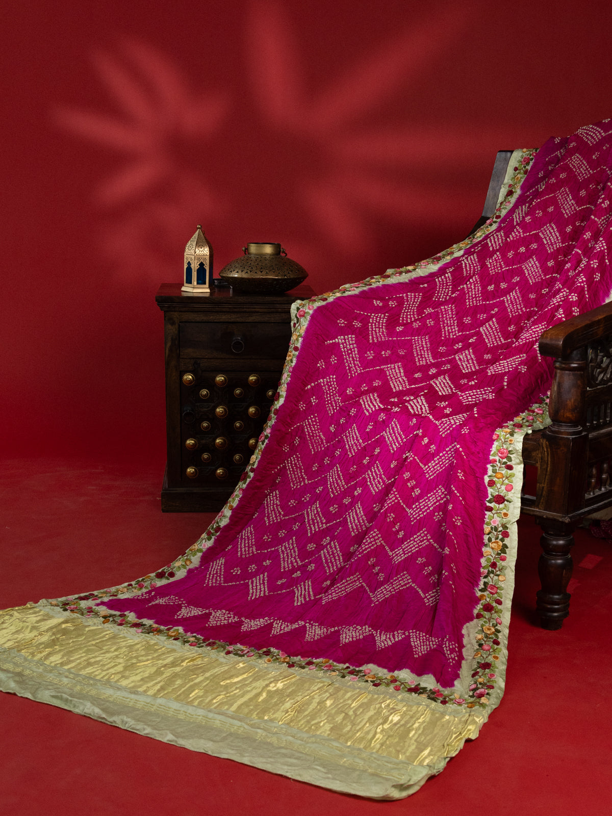 Pink & Pista Green Gajji Silk With Bandhej And Kutch Embroidery