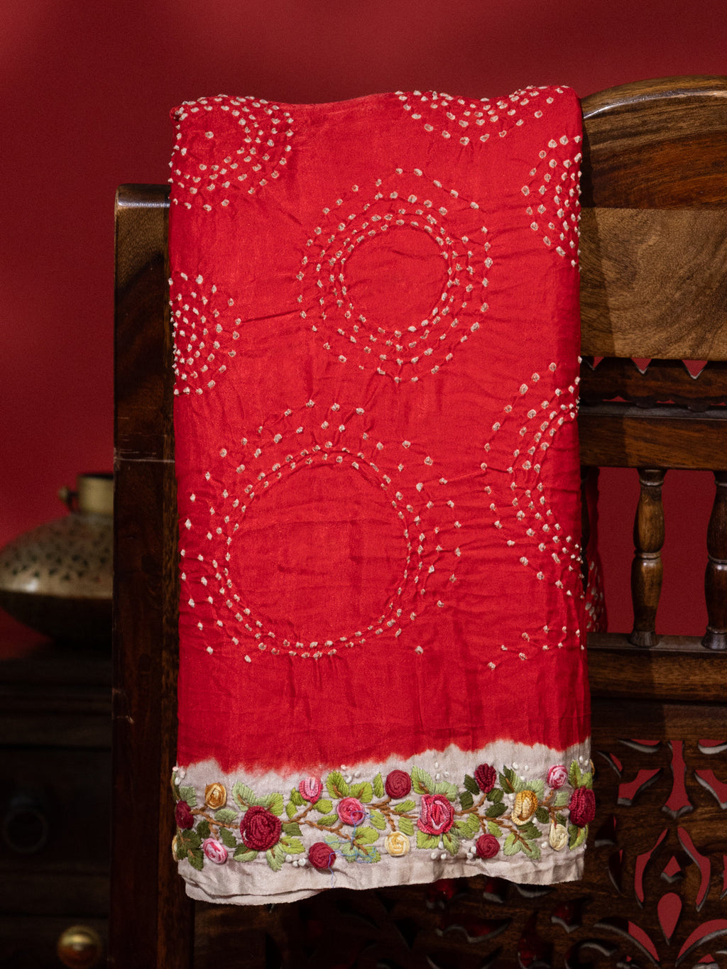 Red & Beige Gajji Silk With Bandhej And Kutch Embroidery