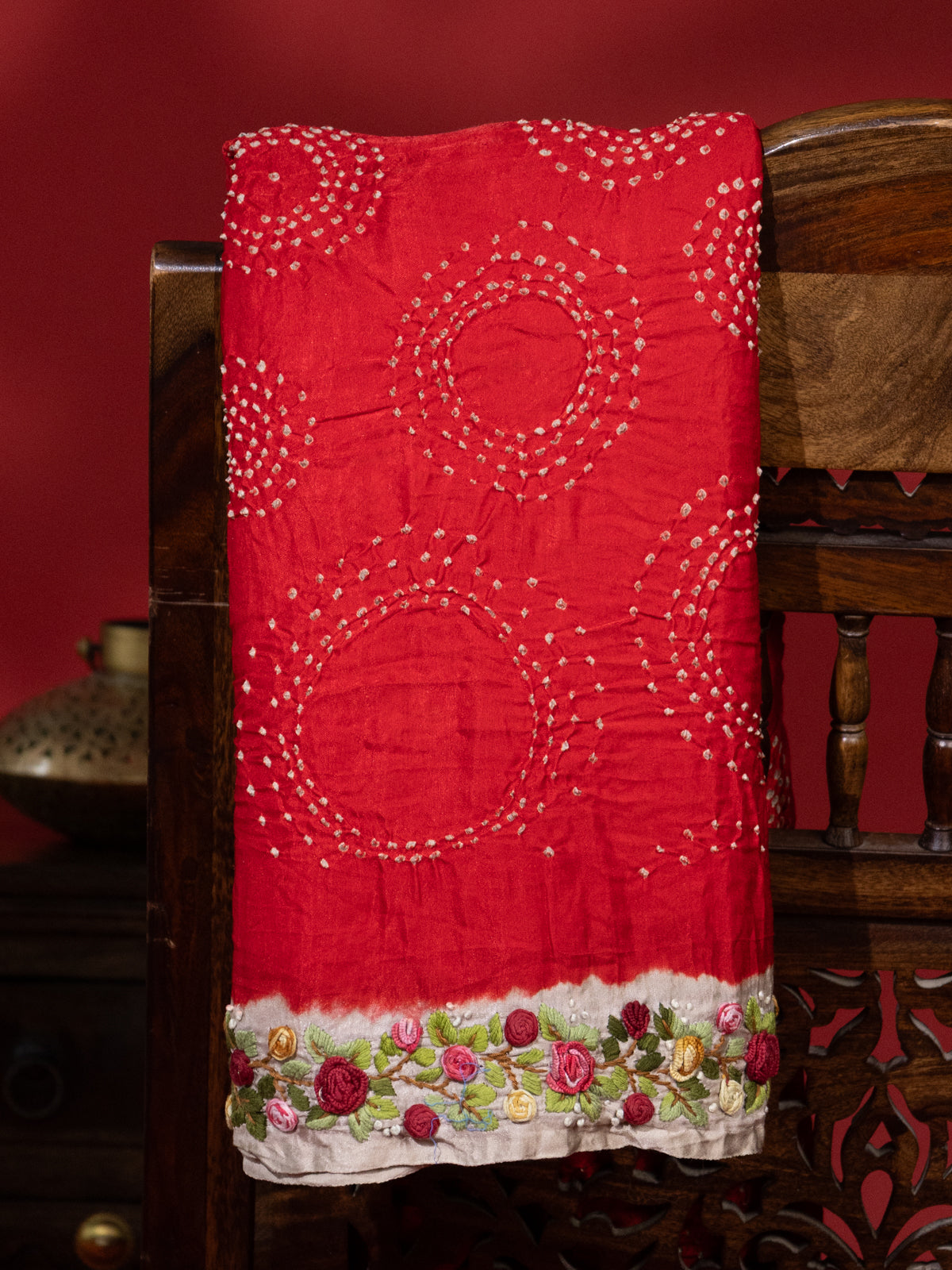 Red & Beige Gajji Silk With Bandhej And Kutch Embroidery