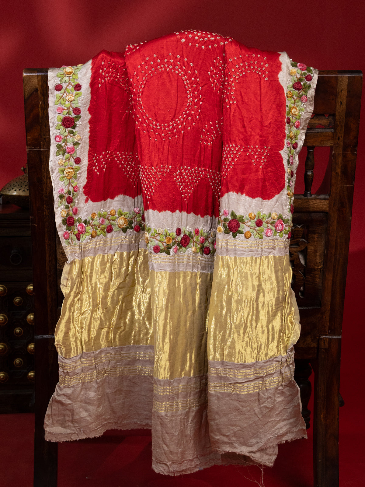 Red & Beige Gajji Silk With Bandhej And Kutch Embroidery