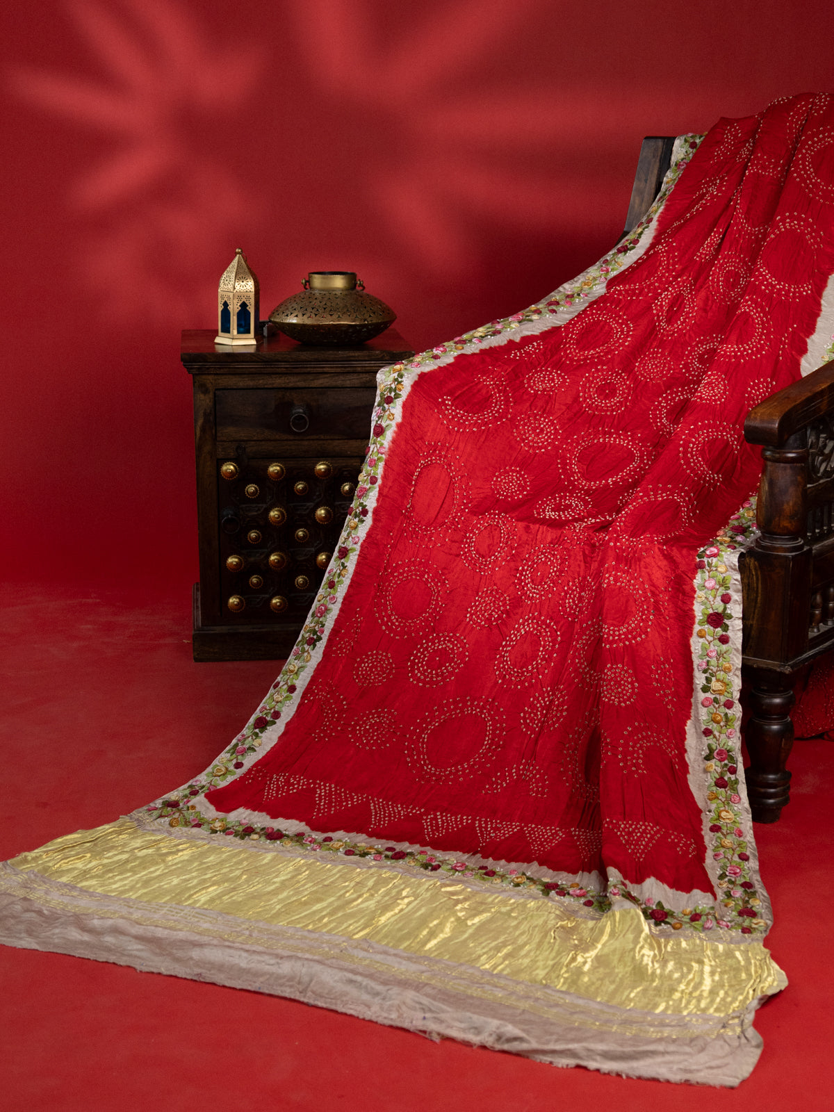 Red & Beige Gajji Silk With Bandhej And Kutch Embroidery
