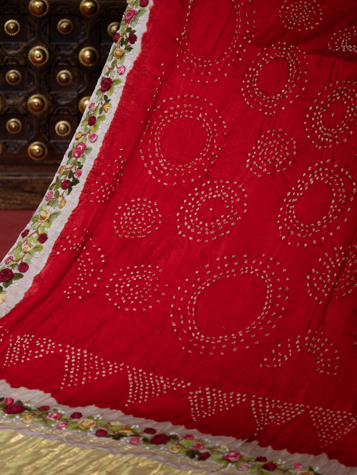Red & Beige Gajji Silk With Bandhej And Kutch Embroidery