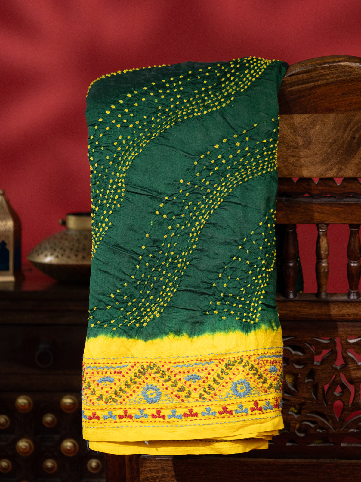 Green & Yellow Bandhani Silk Saree
