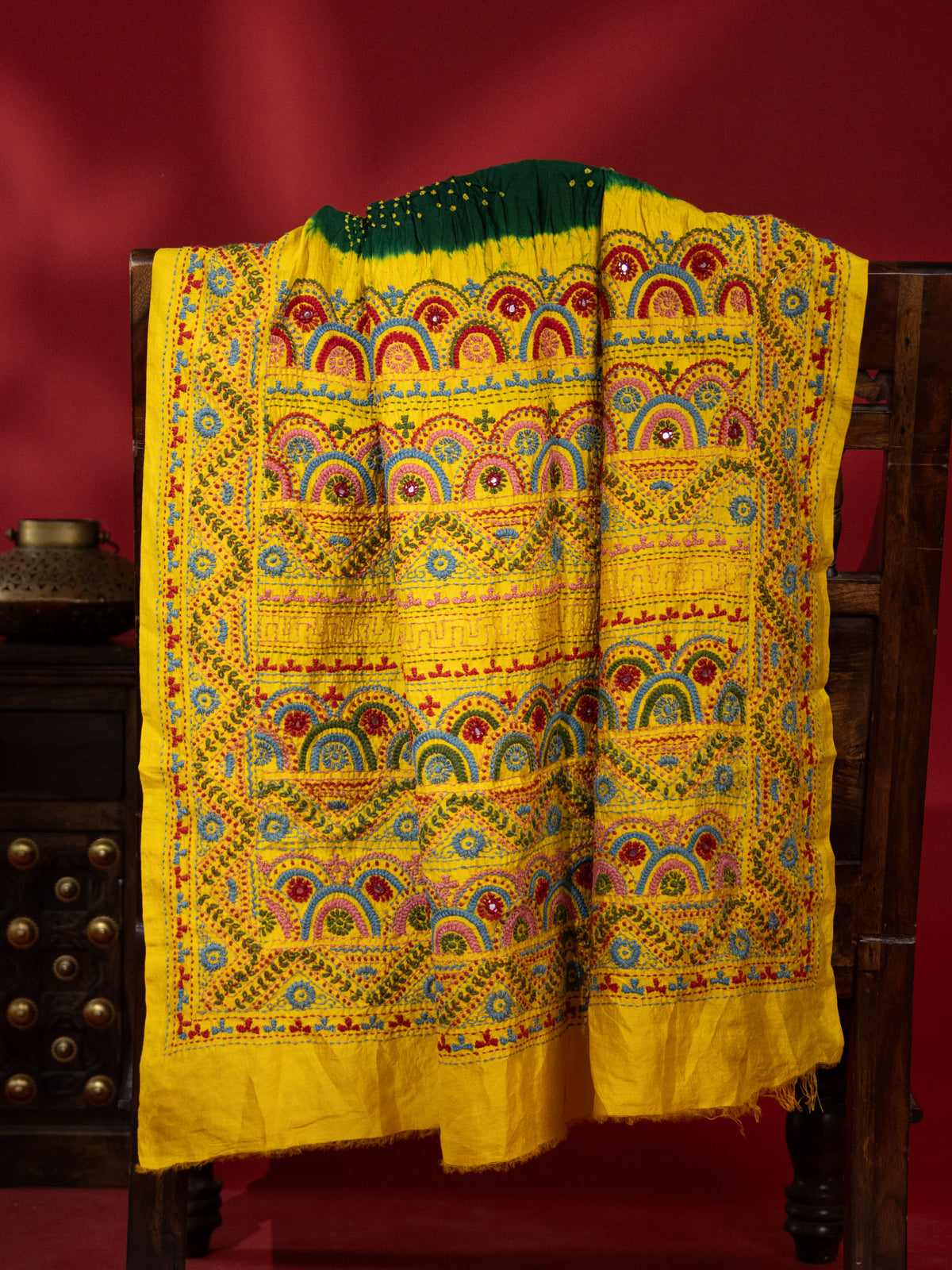 Green & Yellow Bandhani Silk Saree