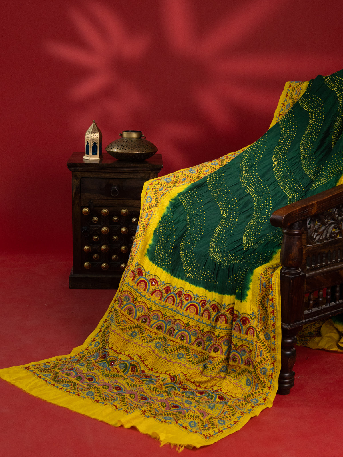 Green & Yellow Bandhani Silk Saree