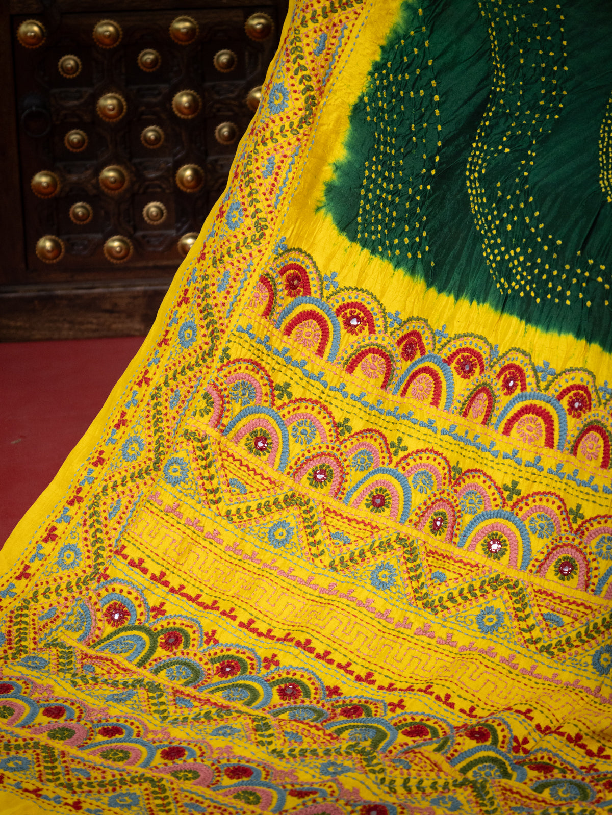 Green & Yellow Bandhani Silk Saree