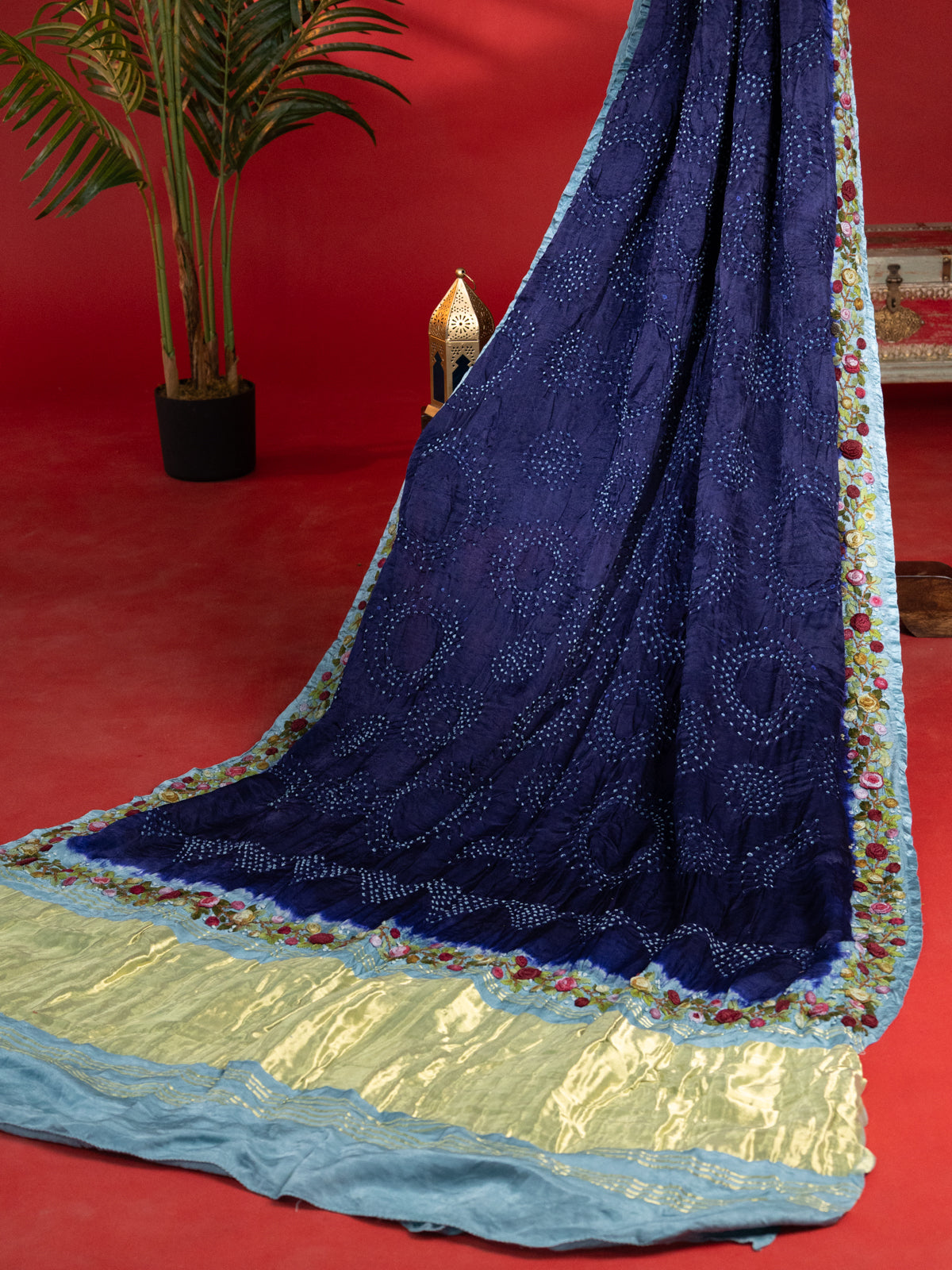Navy Blue & Pastel Blue Gajji Silk With Bandhej And Kutch Embroidery