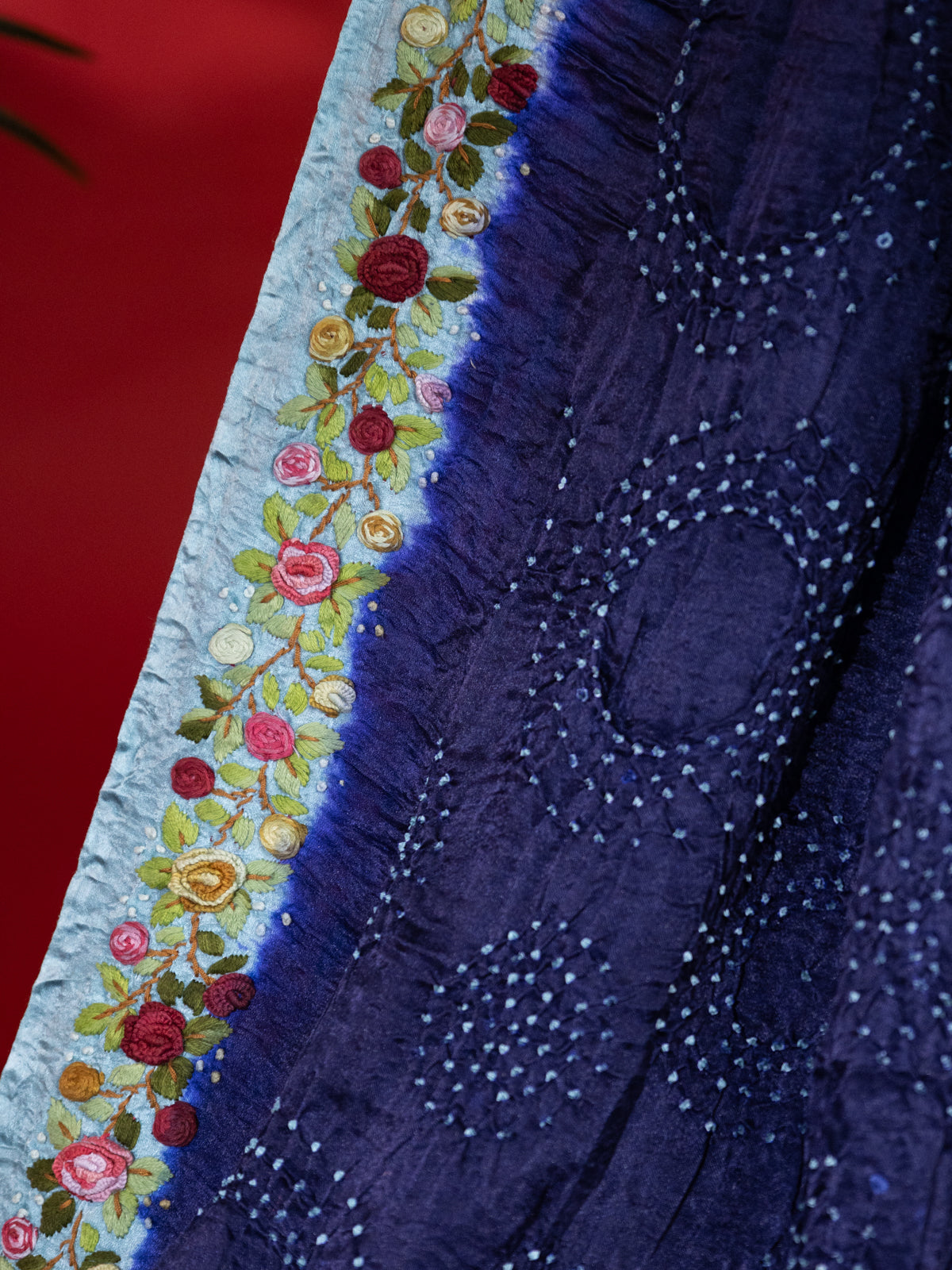 Navy Blue & Pastel Blue Gajji Silk With Bandhej And Kutch Embroidery