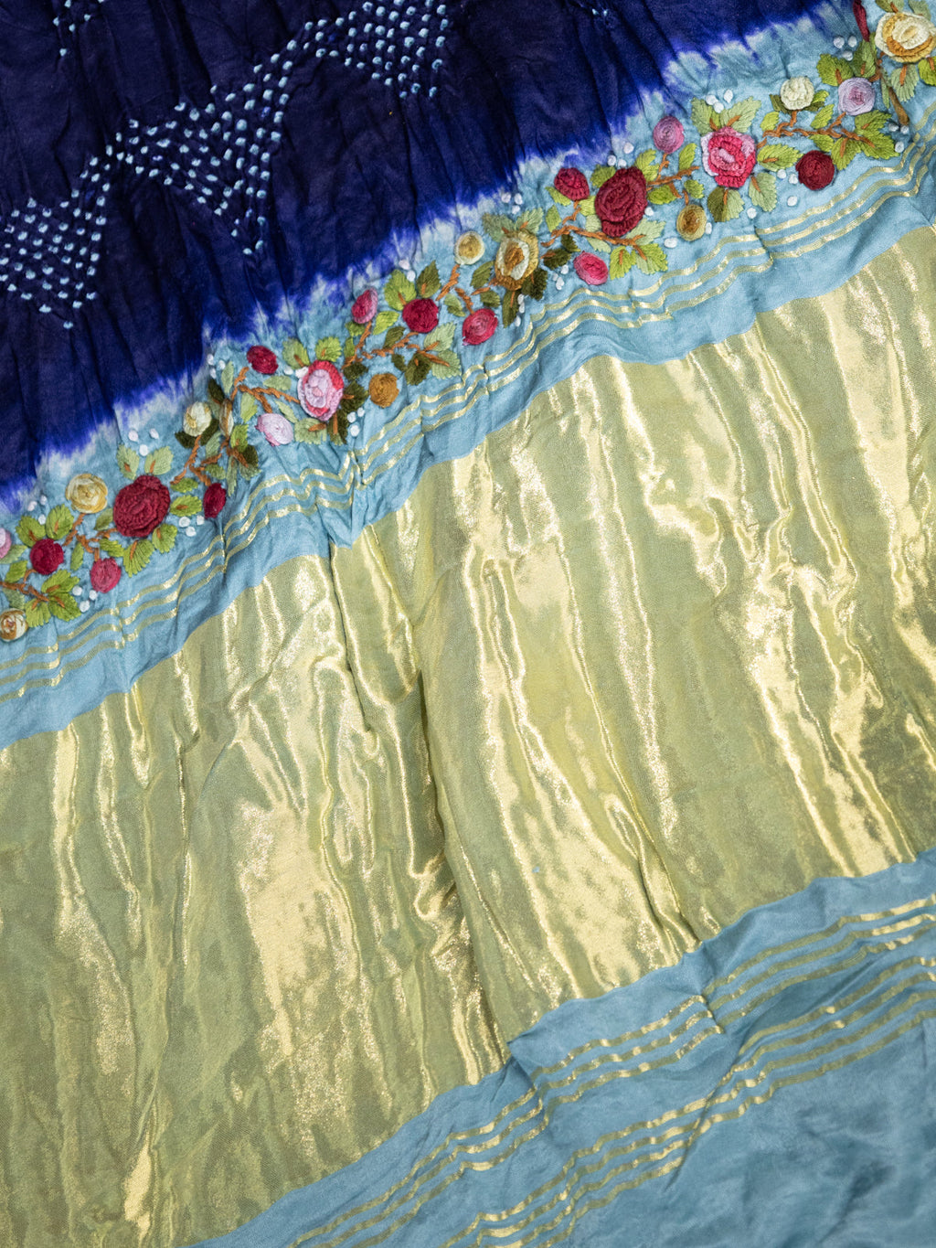 Navy Blue & Pastel Blue Gajji Silk With Bandhej And Kutch Embroidery