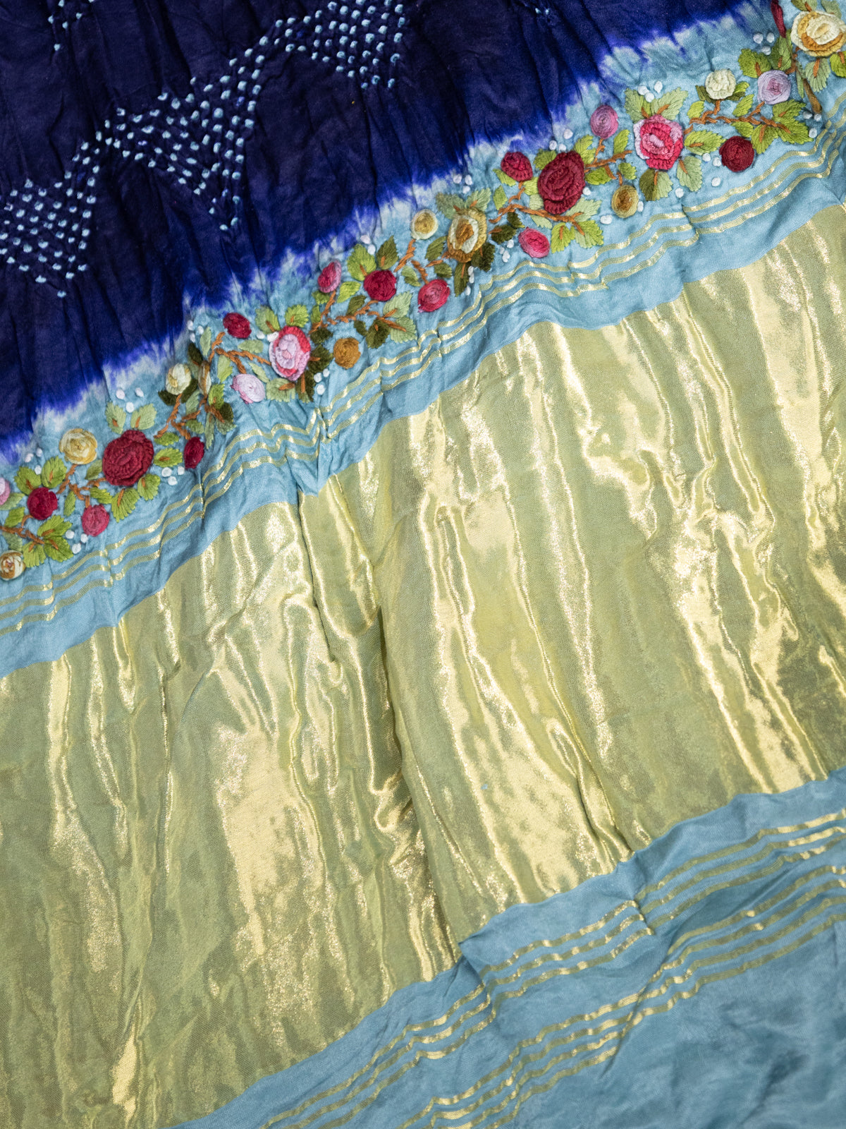 Navy Blue & Pastel Blue Gajji Silk With Bandhej And Kutch Embroidery