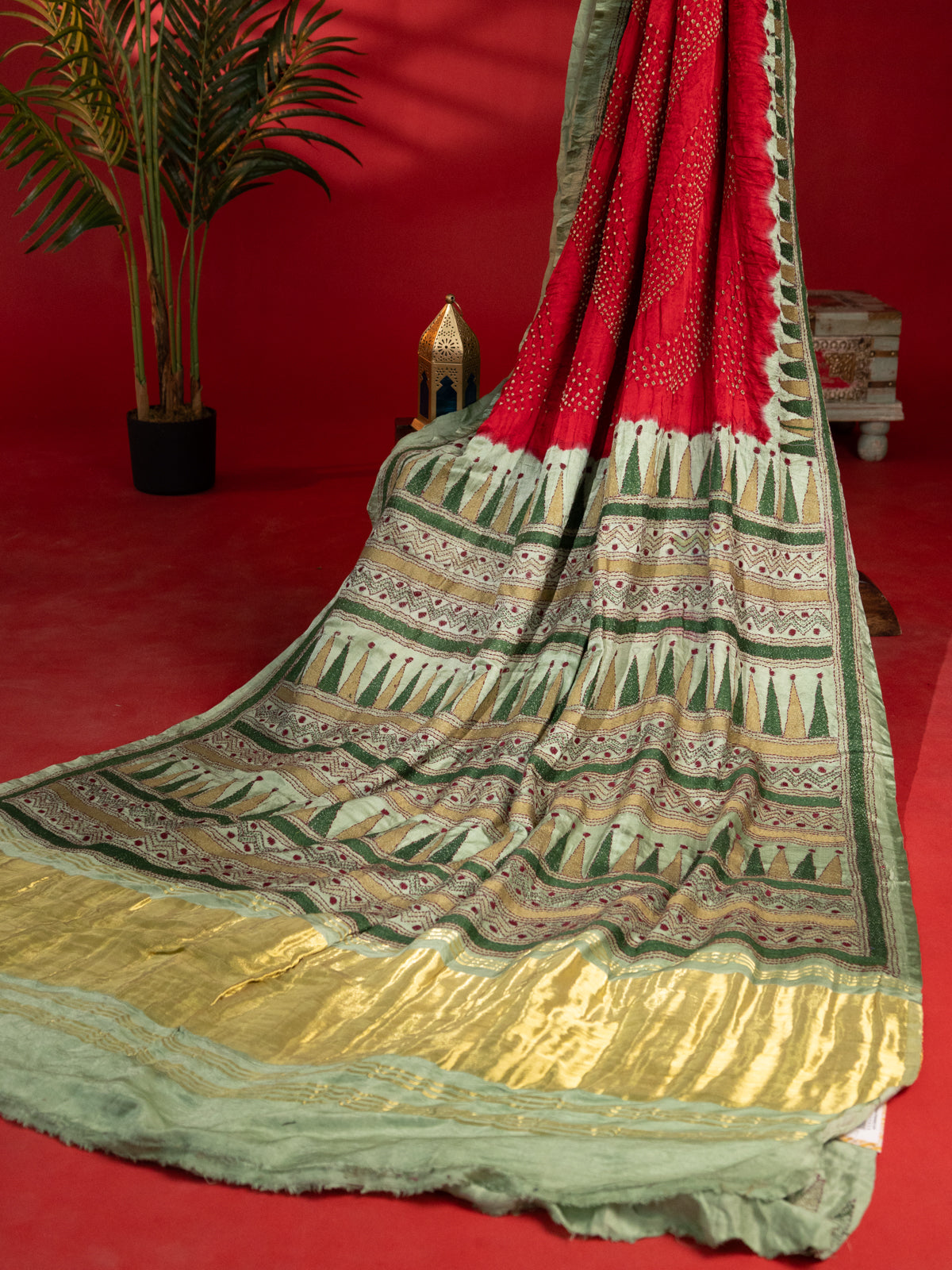 Red & Pastel Green Gajji Silk With Bandhej And Kutch Embroidery