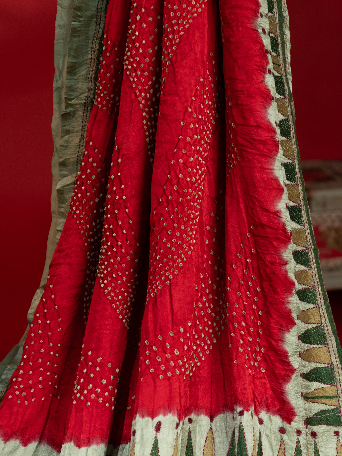 Red & Pastel Green Gajji Silk With Bandhej And Kutch Embroidery