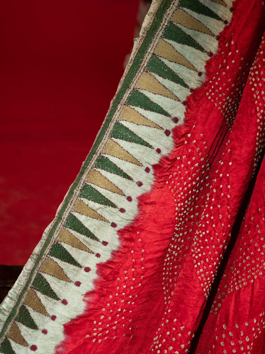 Red & Pastel Green Gajji Silk With Bandhej And Kutch Embroidery