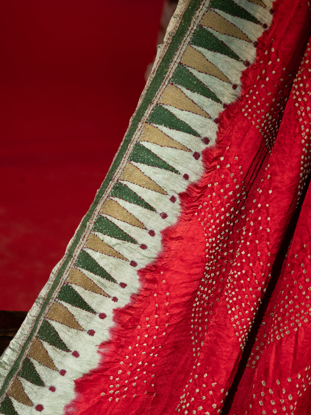 Red & Pastel Green Gajji Silk With Bandhej And Kutch Embroidery