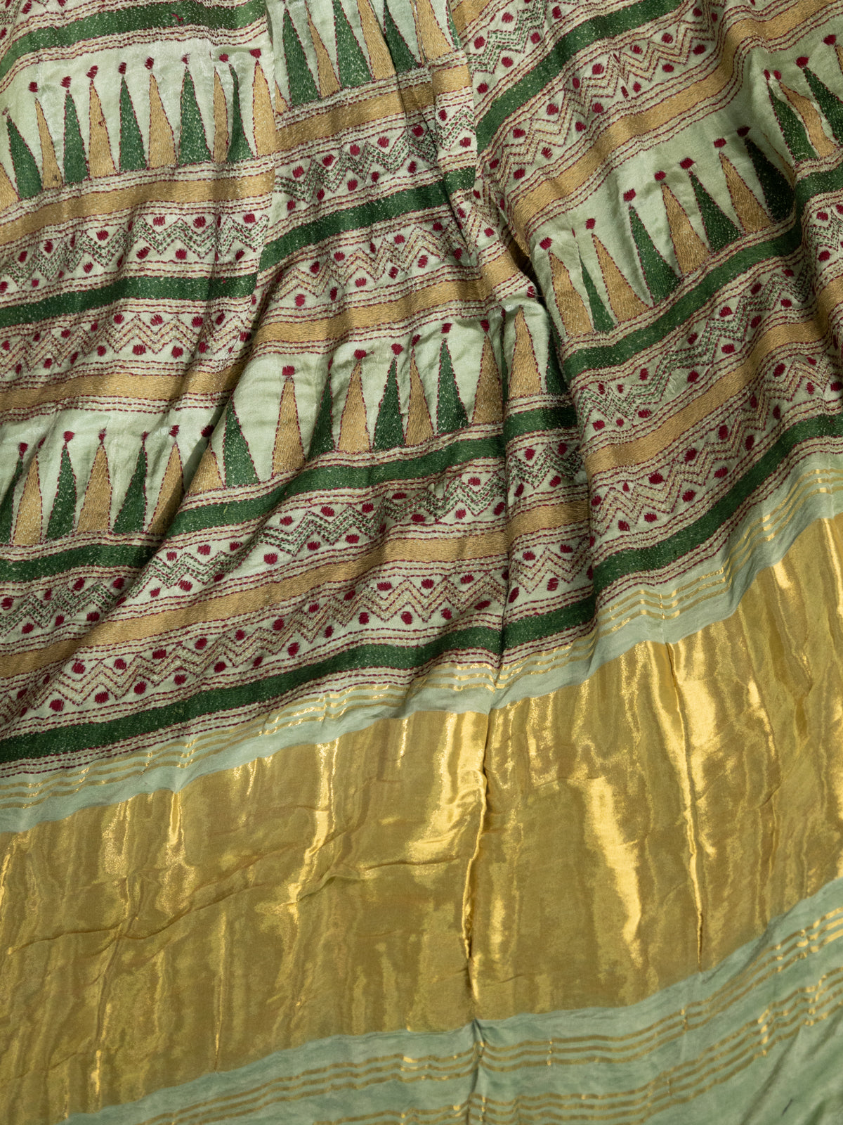 Red & Pastel Green Gajji Silk With Bandhej And Kutch Embroidery