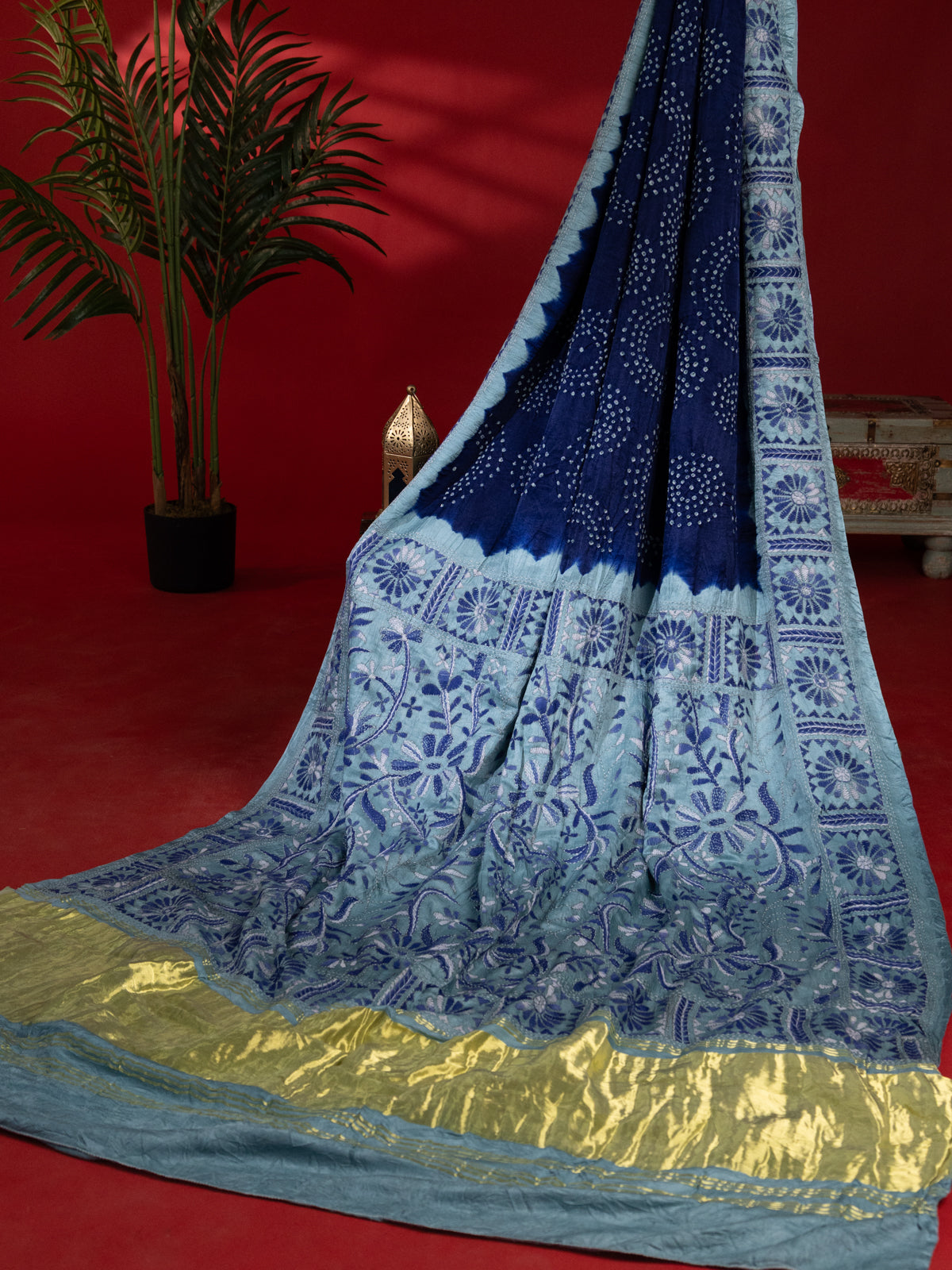 Blue & Pastel Blue Gajji Silk With Bandhej And Kutch Embroidery