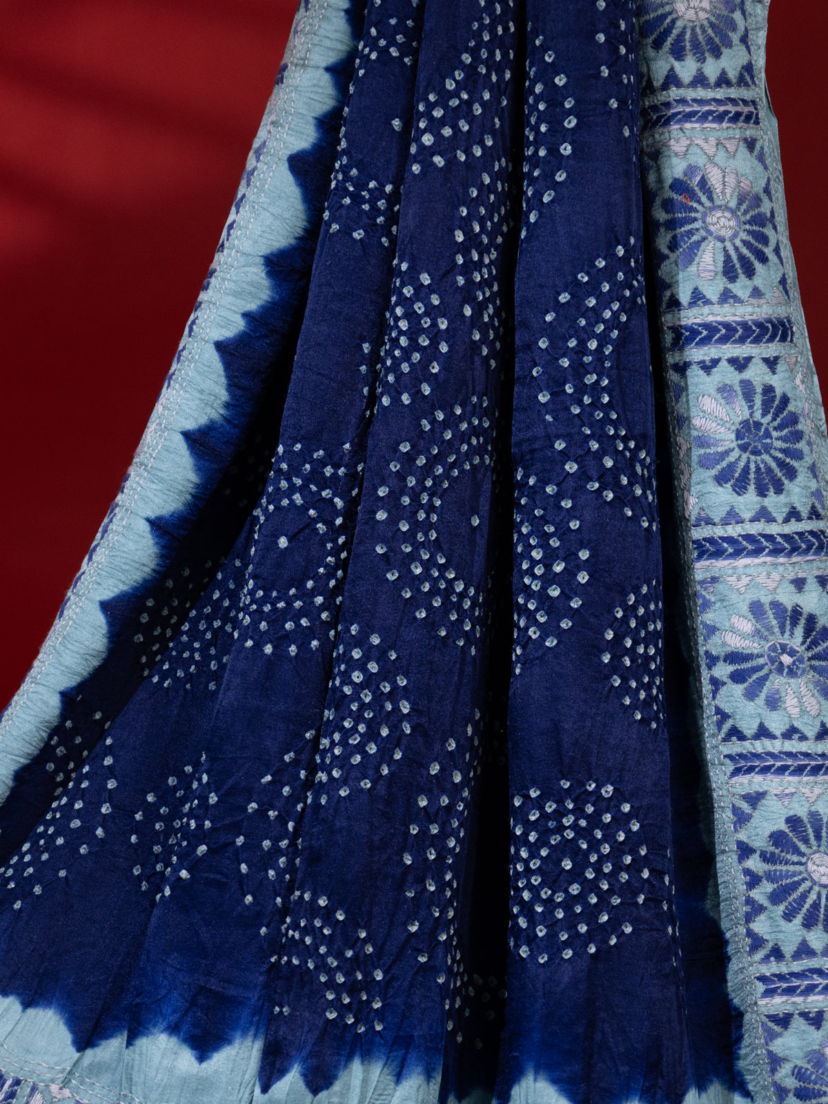 Blue & Pastel Blue Gajji Silk With Bandhej And Kutch Embroidery