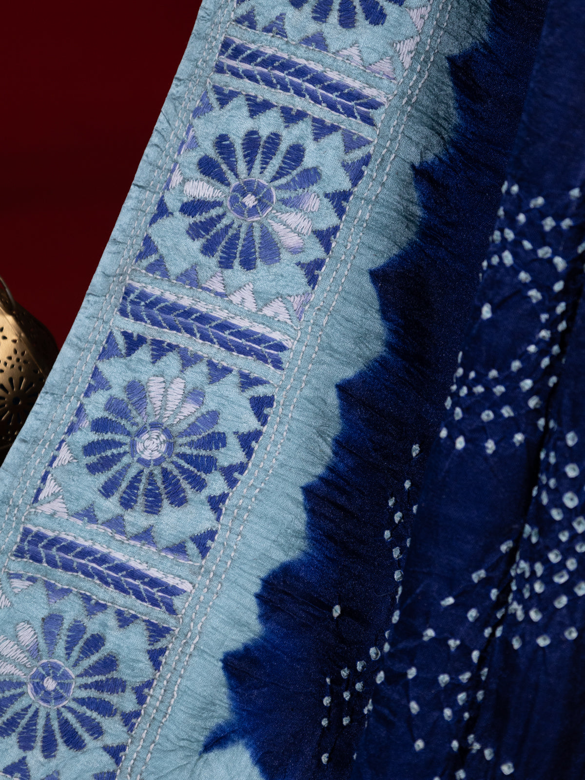 Blue & Pastel Blue Gajji Silk With Bandhej And Kutch Embroidery