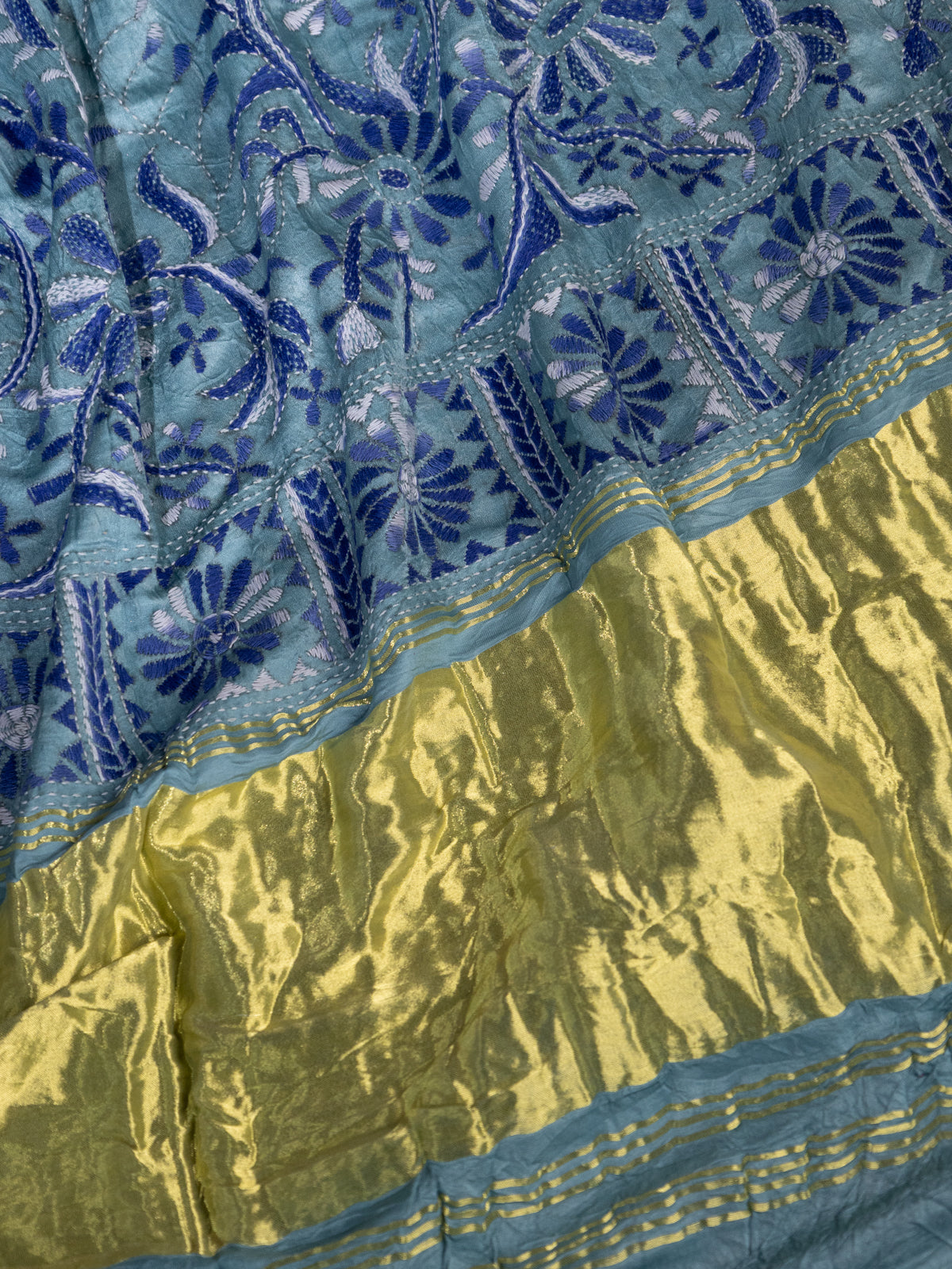 Blue & Pastel Blue Gajji Silk With Bandhej And Kutch Embroidery