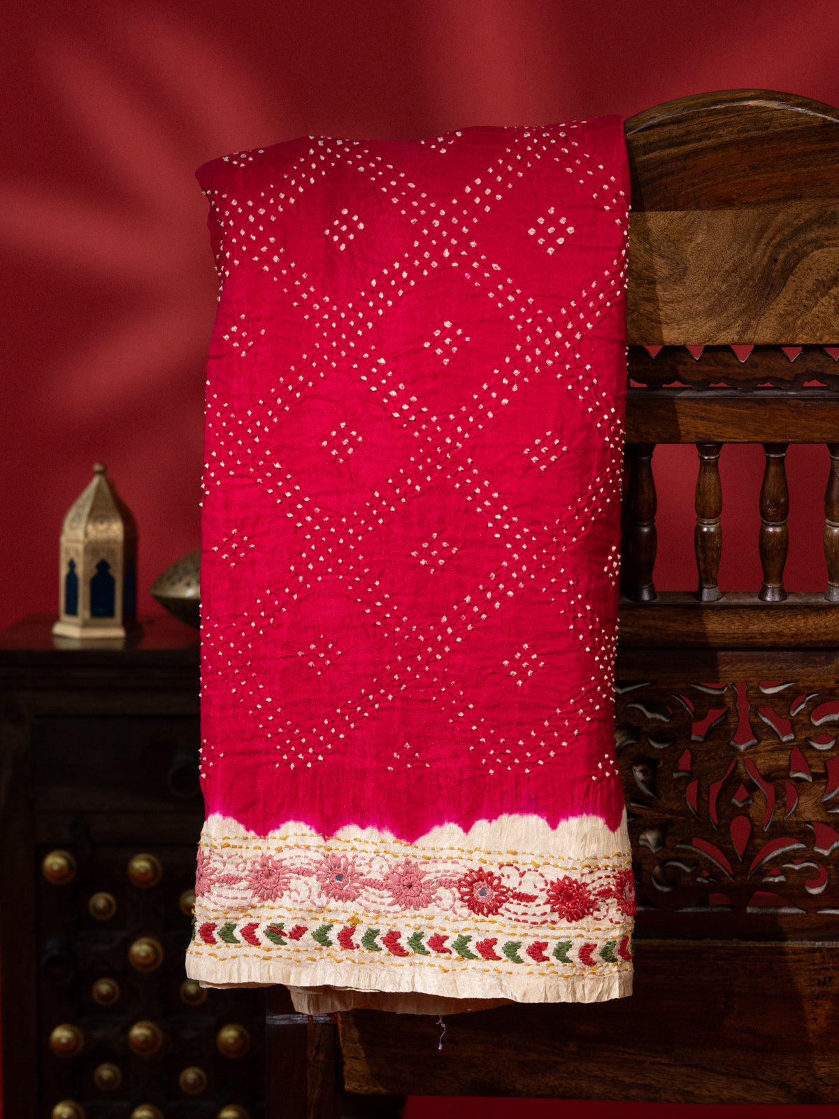 Pink & Beige Gajji Silk With Bandhej And Kutch Embroidery