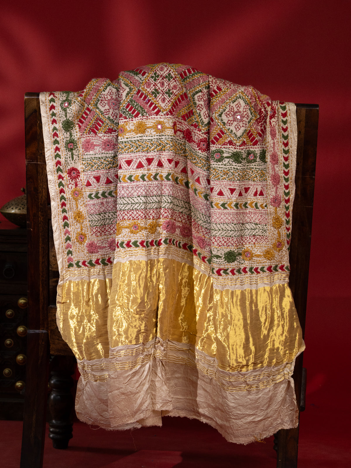 Pink & Beige Gajji Silk With Bandhej And Kutch Embroidery
