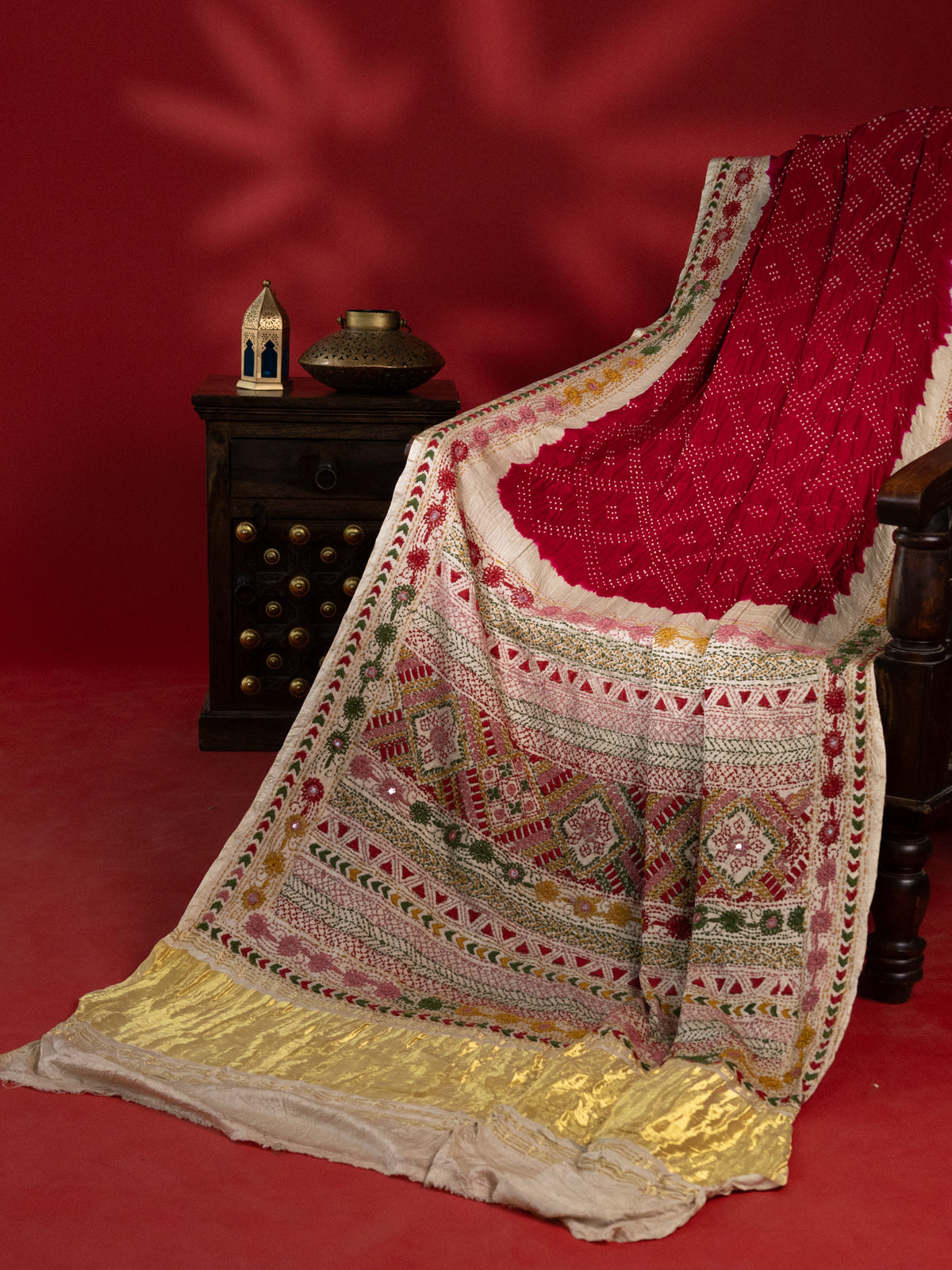 Pink & Beige Gajji Silk With Bandhej And Kutch Embroidery