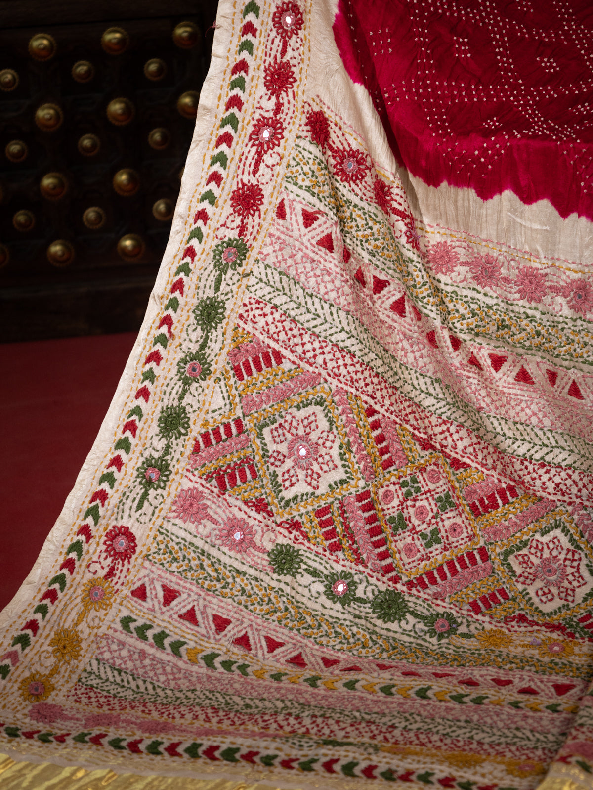 Pink & Beige Gajji Silk With Bandhej And Kutch Embroidery