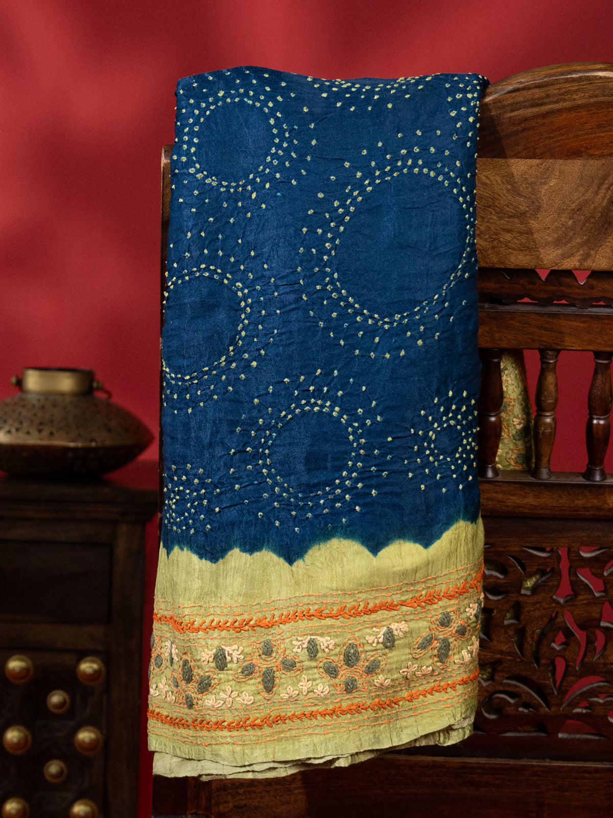 Peacock Blue & Mehendi Green Gajji Silk With Bandhej And Kutch Embroidery