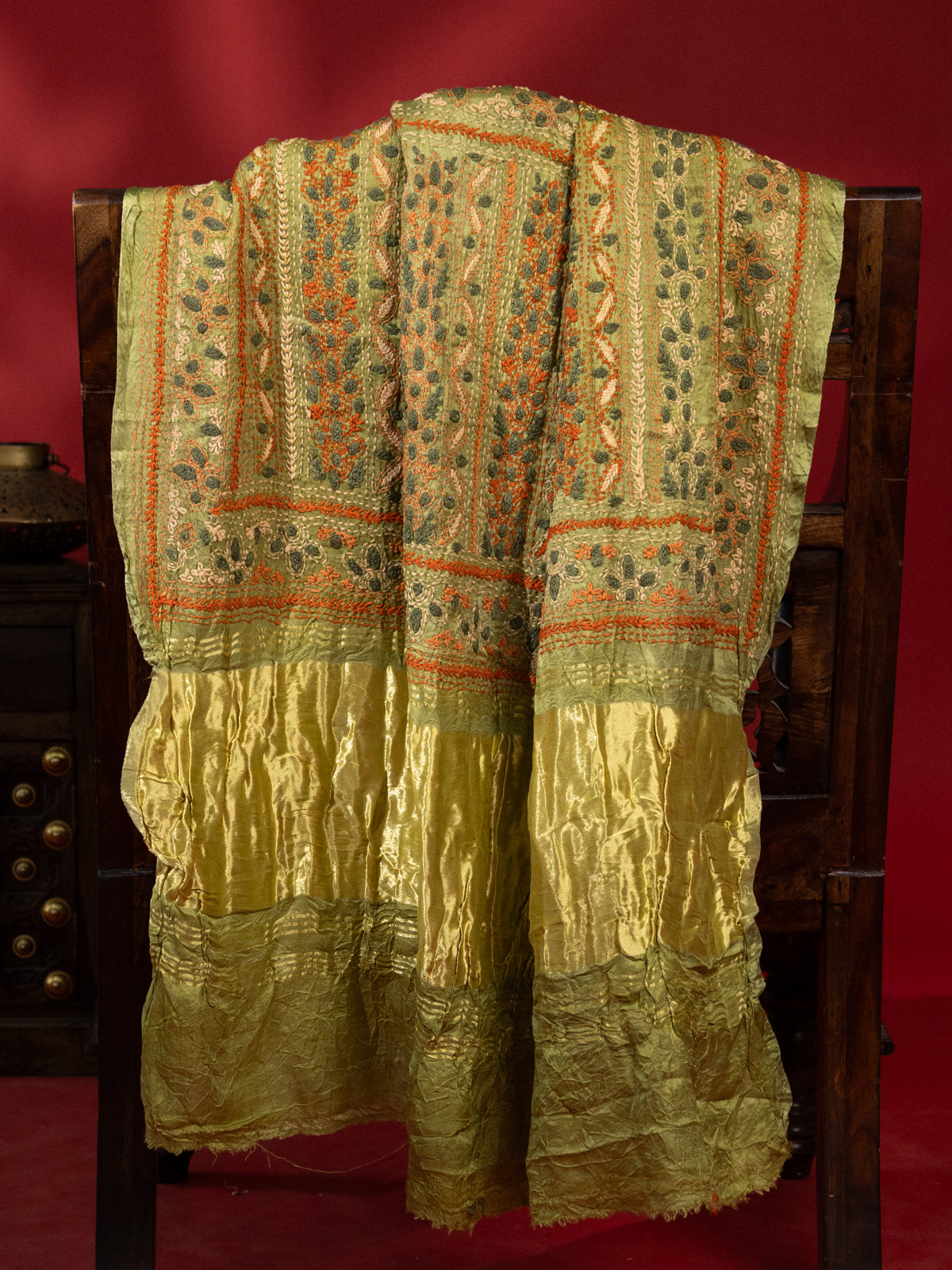 Peacock Blue & Mehendi Green Gajji Silk With Bandhej And Kutch Embroidery