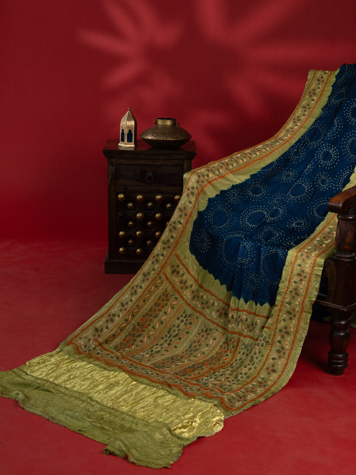 Peacock Blue & Mehendi Green Gajji Silk With Bandhej And Kutch Embroidery
