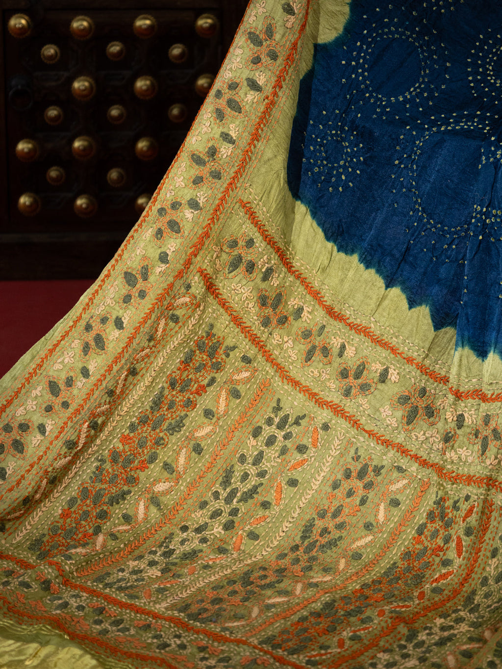 Peacock Blue & Mehendi Green Gajji Silk With Bandhej And Kutch Embroidery