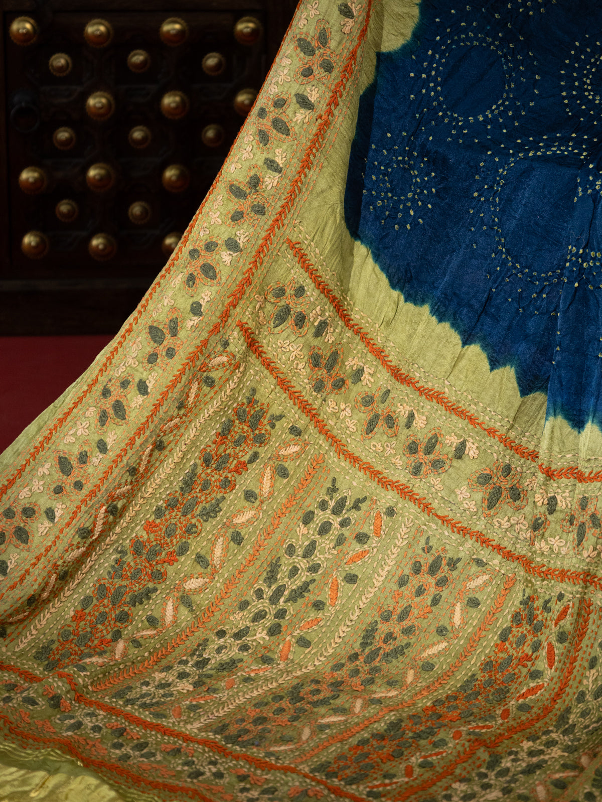 Peacock Blue & Mehendi Green Gajji Silk With Bandhej And Kutch Embroidery