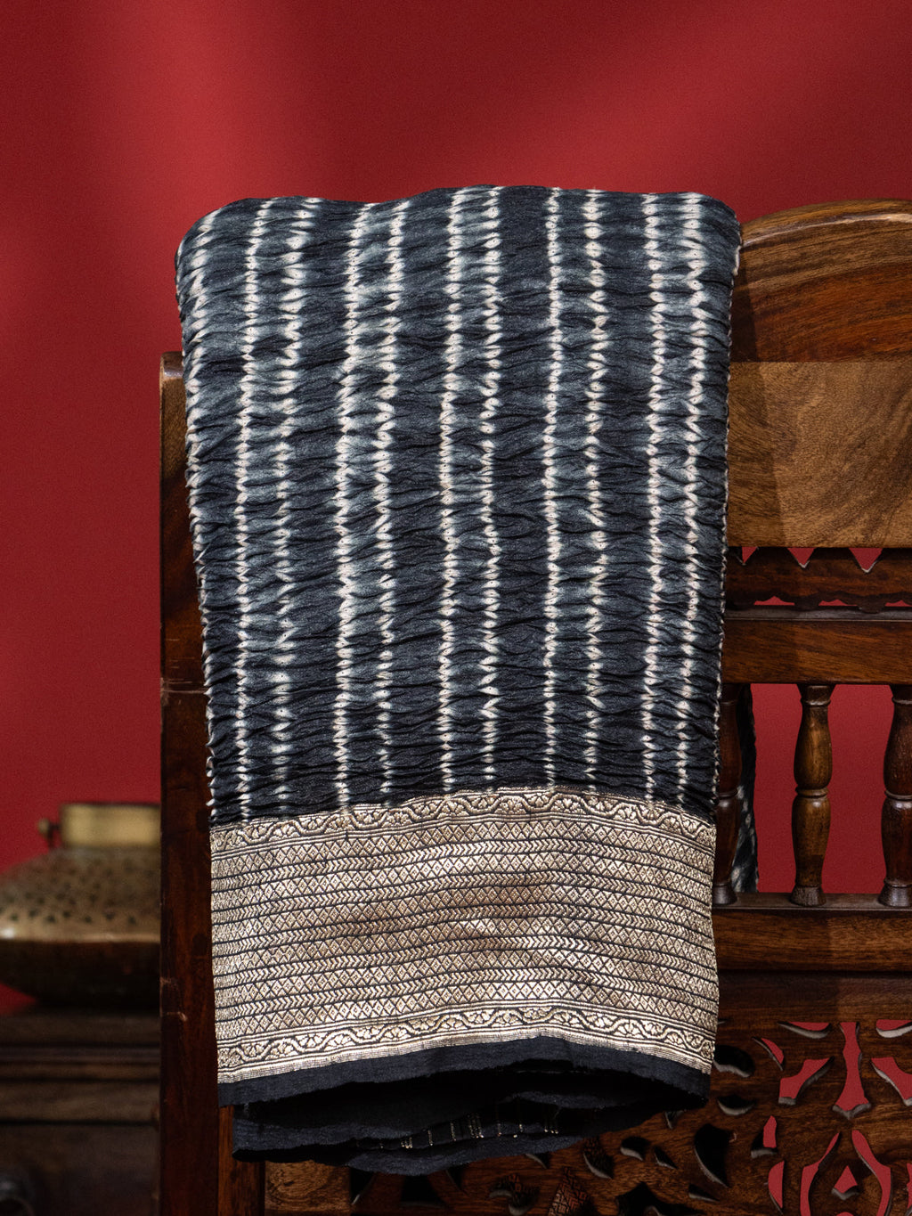Elephant Grey & Black Tussar Silk Saree With Shibori Style
