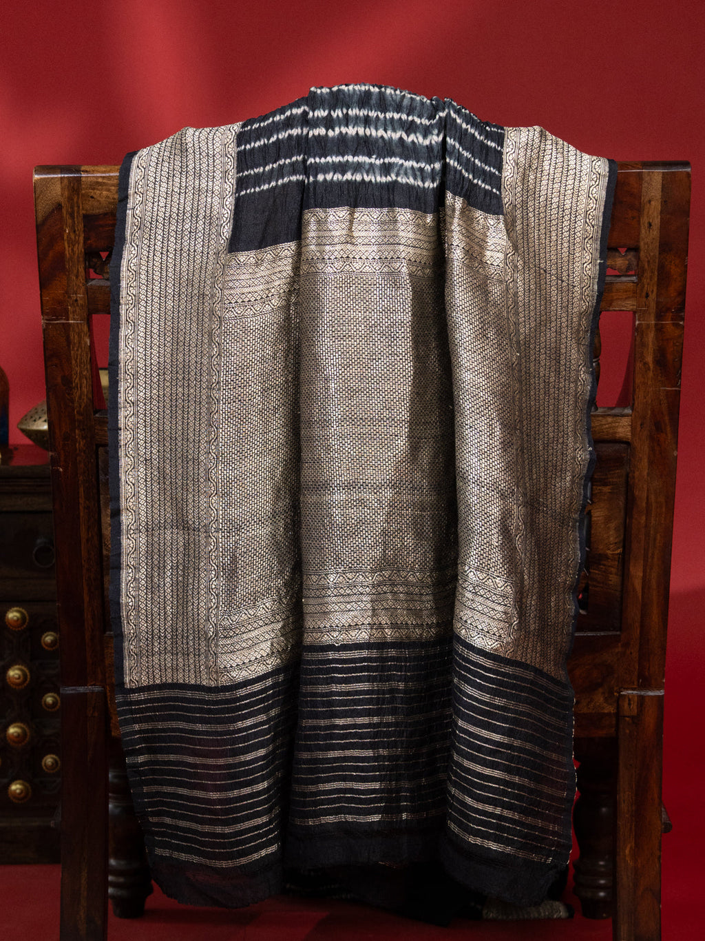 Elephant Grey & Black Tussar Silk Saree With Shibori Style
