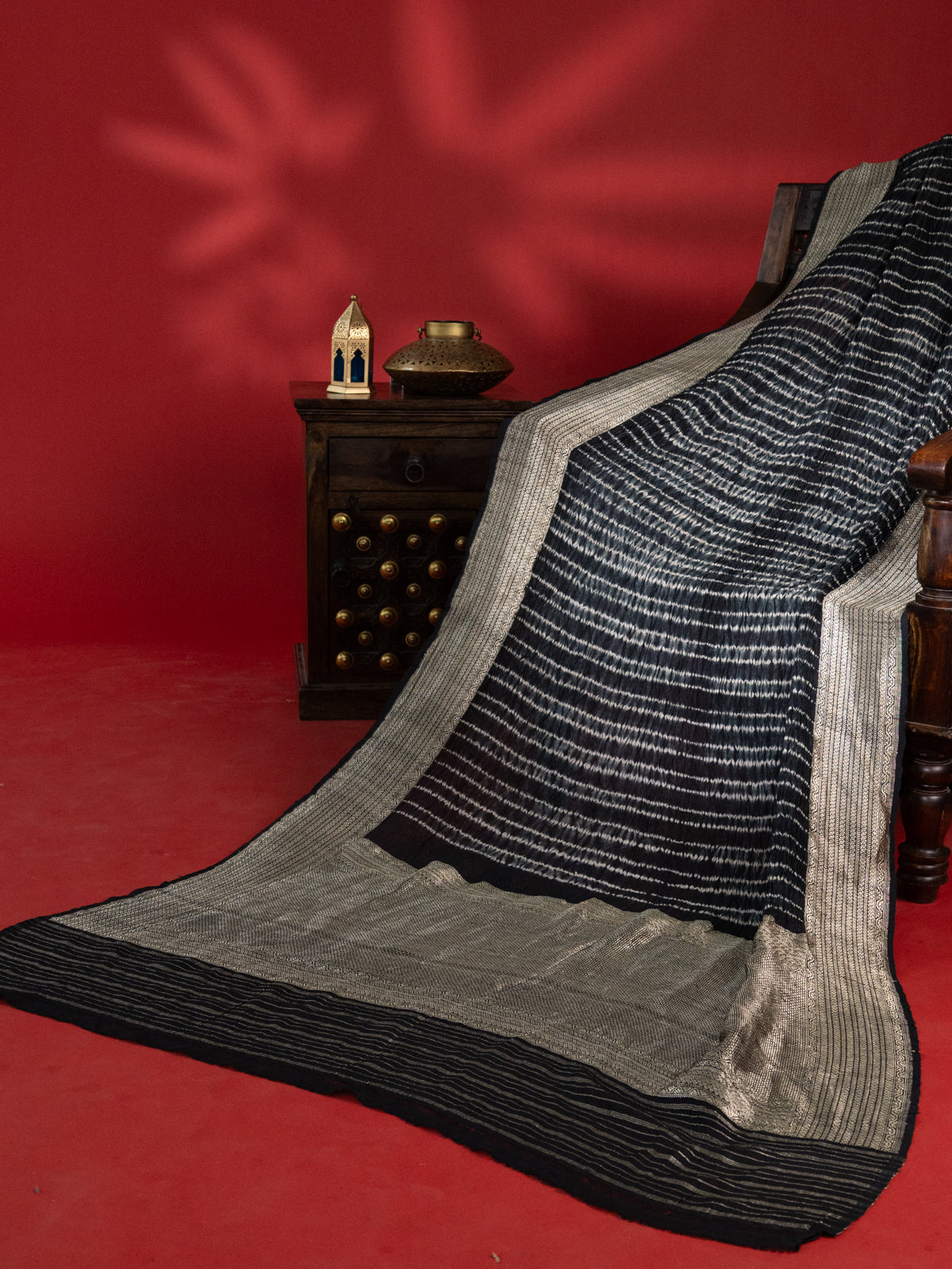 Elephant Grey & Black Tussar Silk Saree With Shibori Style