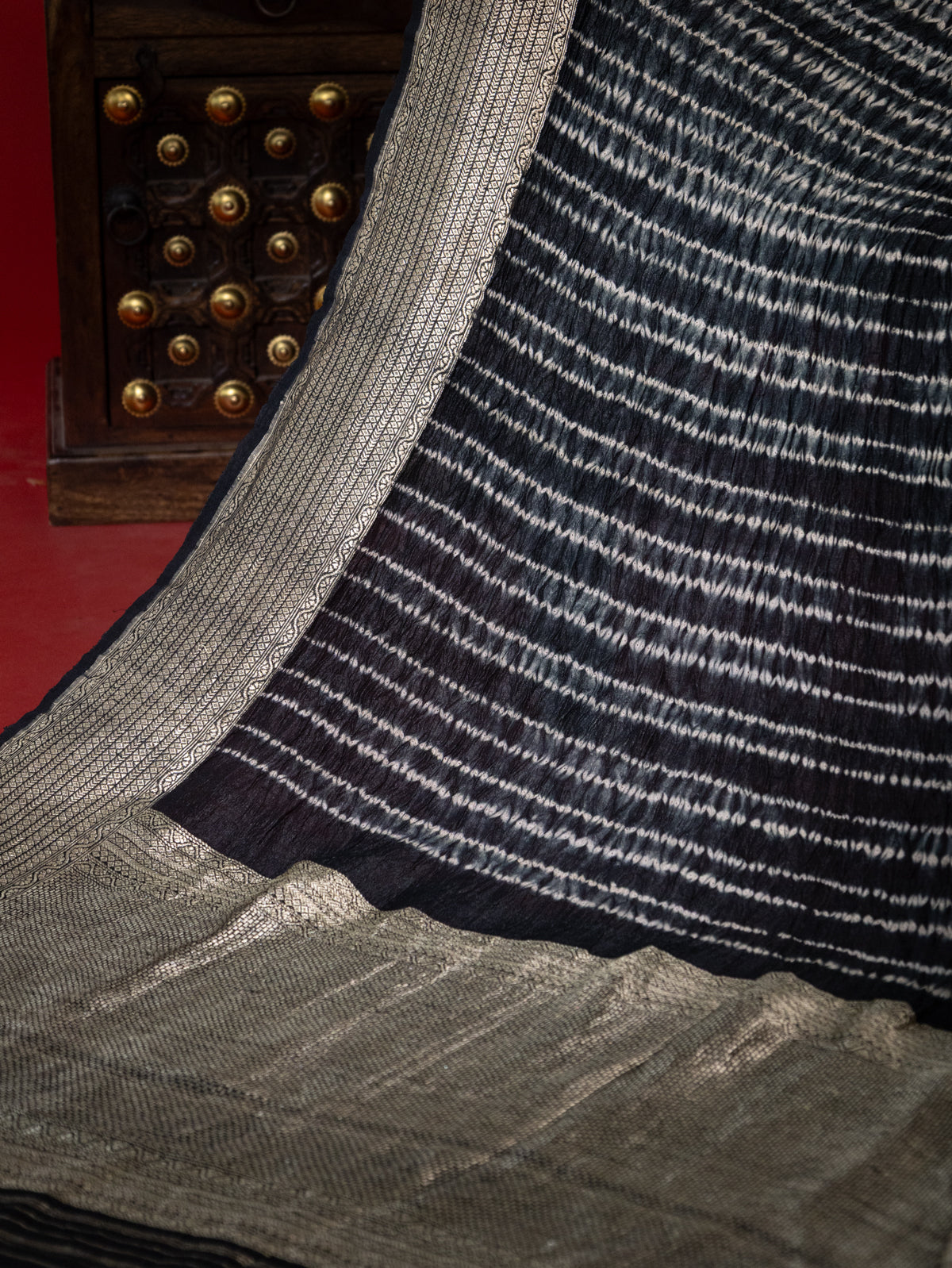 Elephant Grey & Black Tussar Silk Saree With Shibori Style
