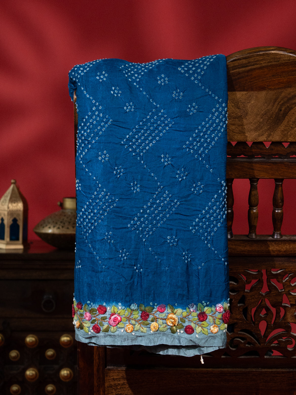 Peacock Blue & Pastel Blue Gajji Silk With Bandhej And Kutch Embroidery