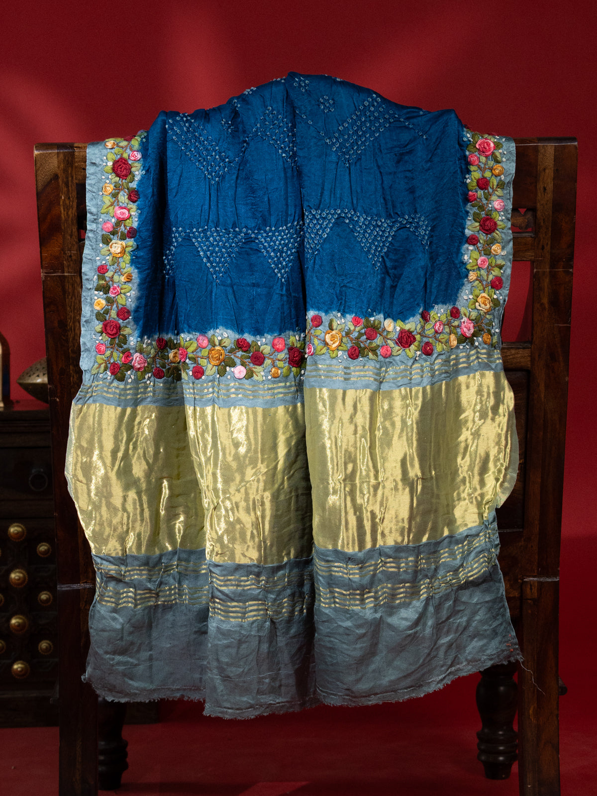 Peacock Blue & Pastel Blue Gajji Silk With Bandhej And Kutch Embroidery
