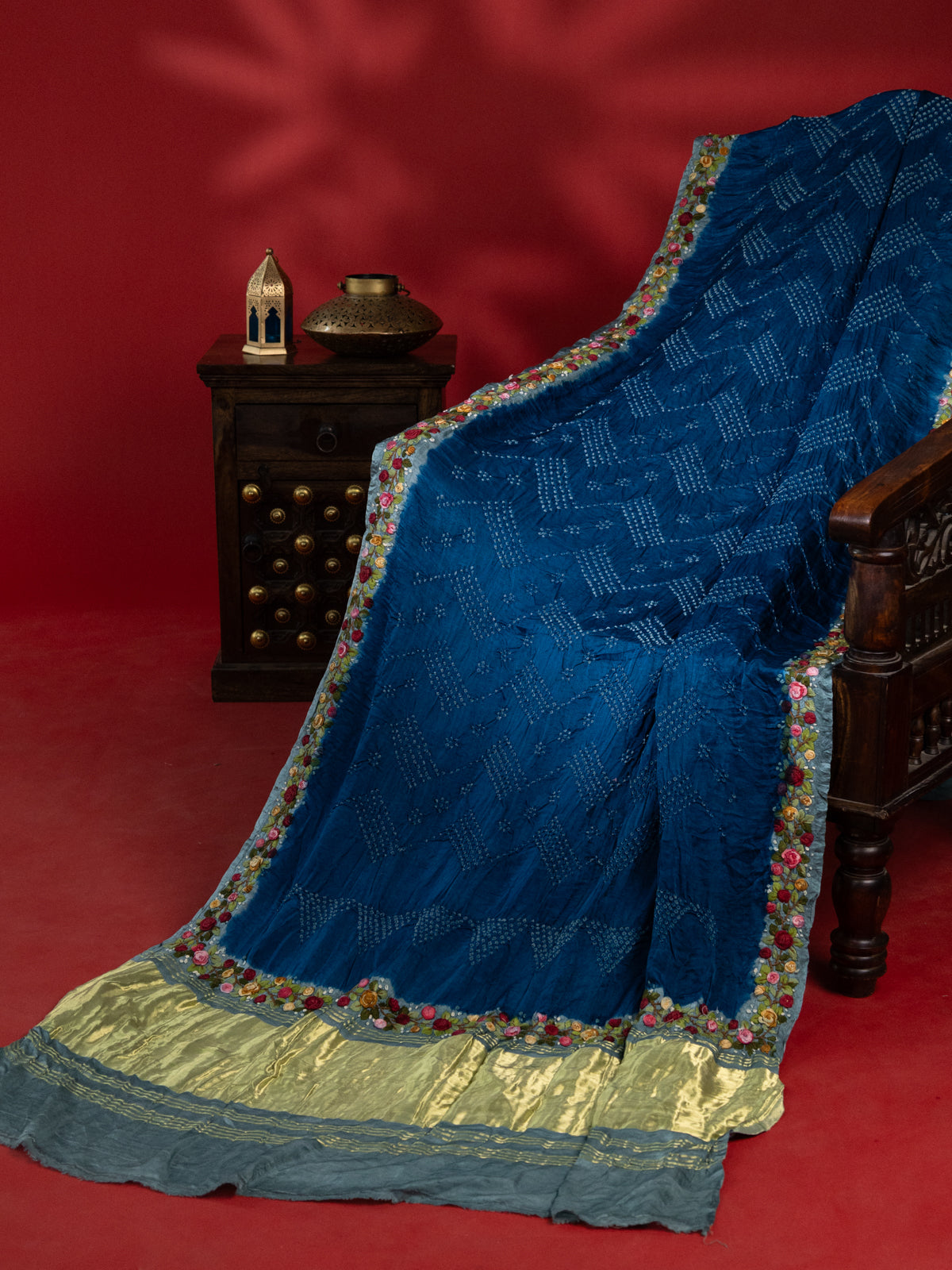 Peacock Blue & Pastel Blue Gajji Silk With Bandhej And Kutch Embroidery