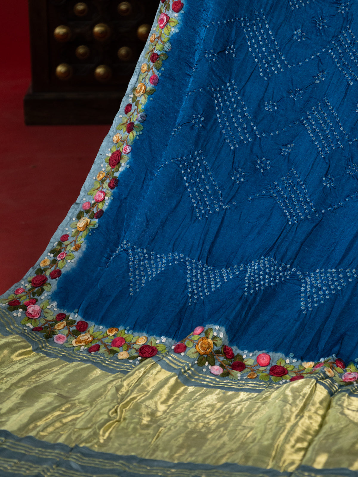 Peacock Blue & Pastel Blue Gajji Silk With Bandhej And Kutch Embroidery