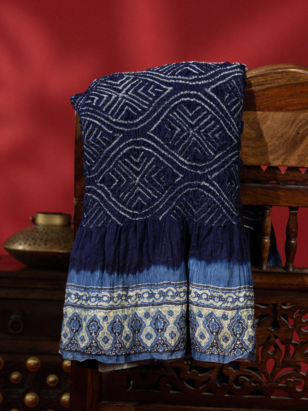 Navy Blue & Pastel Blue Gajji Silk With Allover Bandhej