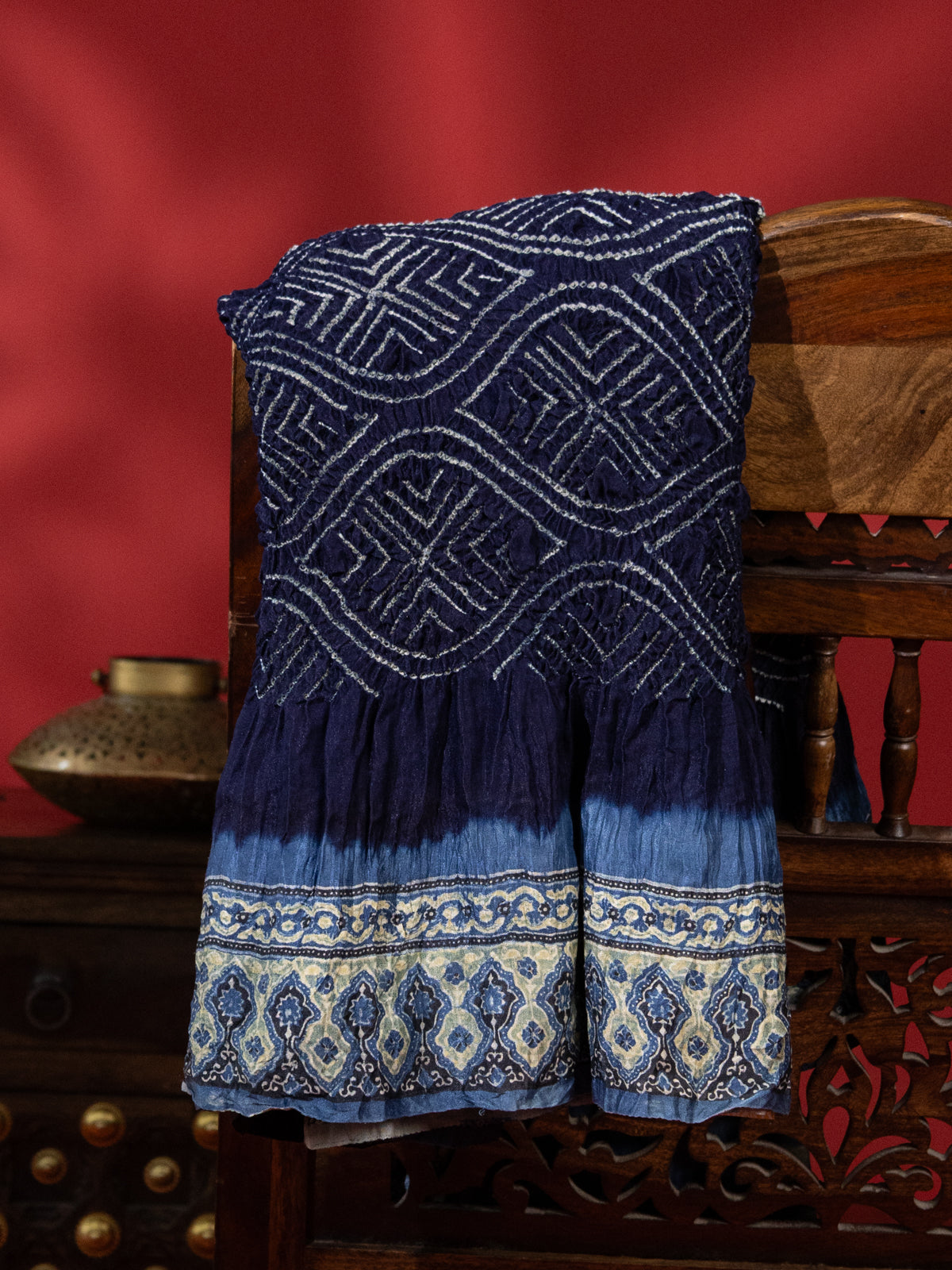 Navy Blue & Pastel Blue Gajji Silk With Allover Bandhej