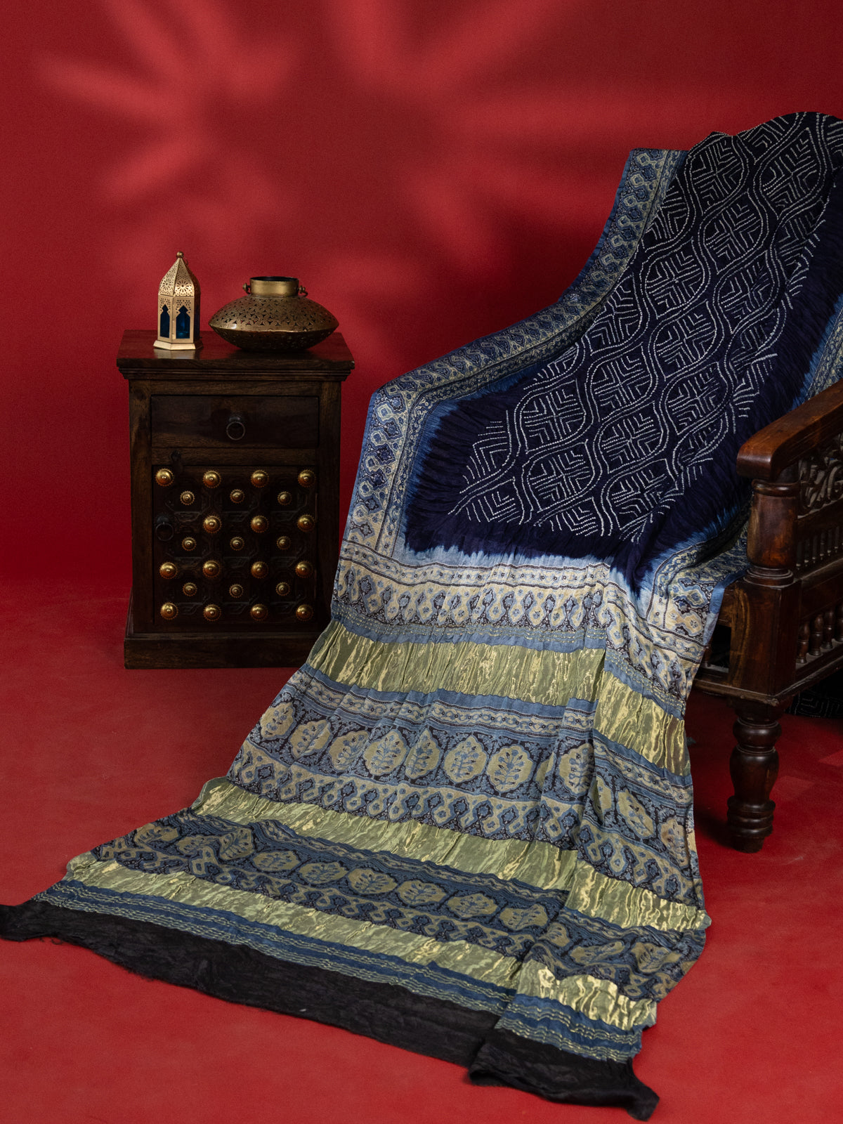 Navy Blue & Pastel Blue Gajji Silk With Allover Bandhej