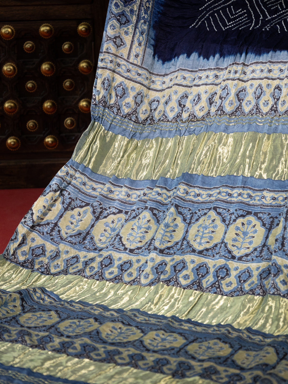 Navy Blue & Pastel Blue Gajji Silk With Allover Bandhej