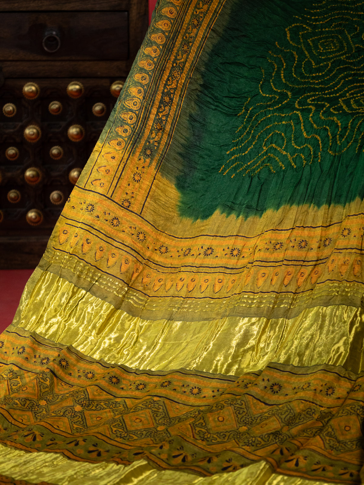 Green & Mehendi Green Gajji Silk With Allover Bandhej